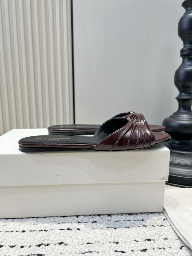 YSL women's shoes YSL Saint Laurent pleated shiny leather sandals women's metal mark open toe slippers — 1:1 Replica — photo 5
