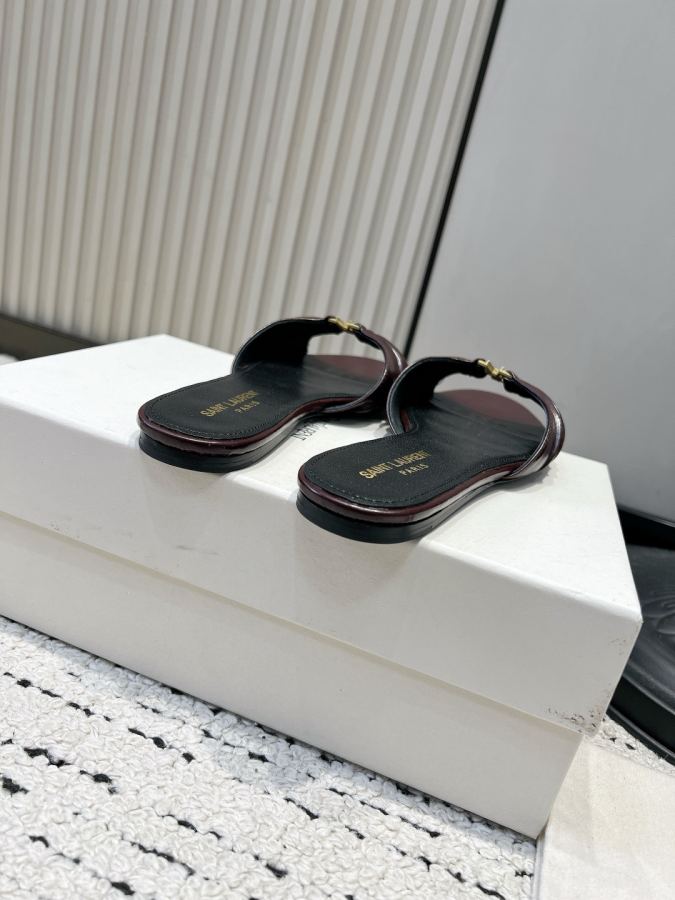 YSL women's shoes YSL Saint Laurent pleated shiny leather sandals women's metal mark open toe slippers — 1:1 Replica — photo 6