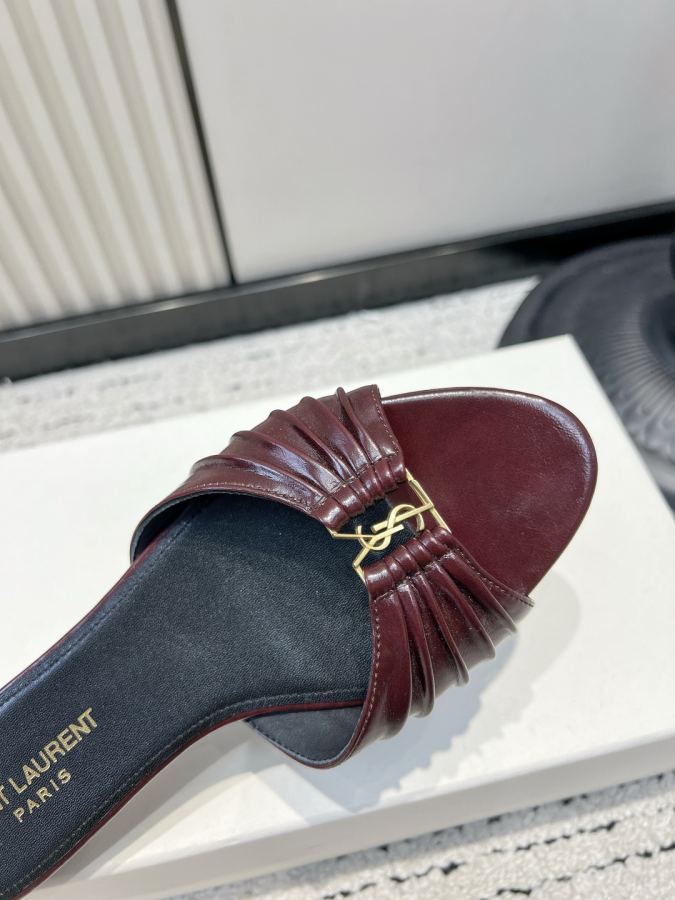 YSL women's shoes YSL Saint Laurent pleated shiny leather sandals women's metal mark open toe slippers — 1:1 Replica — photo 8