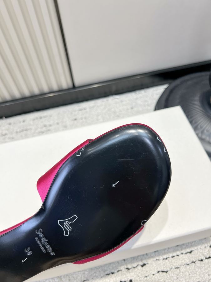 YSL women's shoes YSL Yves Saint Laurent satin flat metal round label flip flops light luxury outer — AAA Quality Replica — photo 9