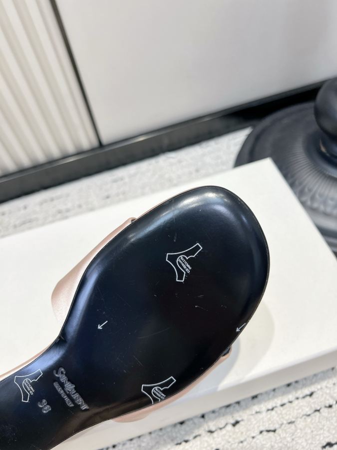 YSL women's shoes YSL Yves Saint Laurent satin flat metal round label flip flops light luxury outer — AAA Quality Replica — photo 9