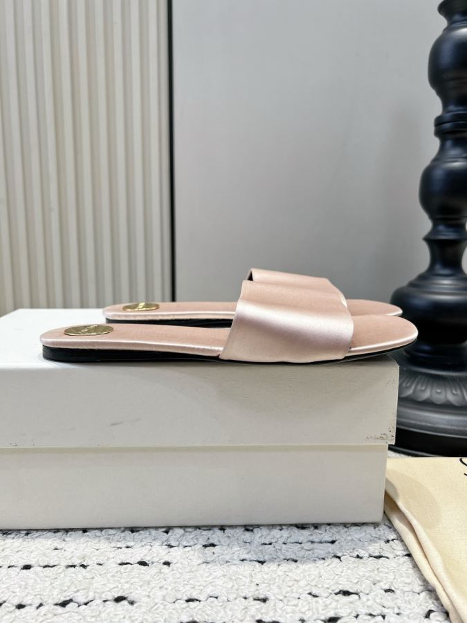 YSL women's shoes YSL Yves Saint Laurent satin flat metal round label flip flops light luxury outer — AAA Quality Replica — photo 5