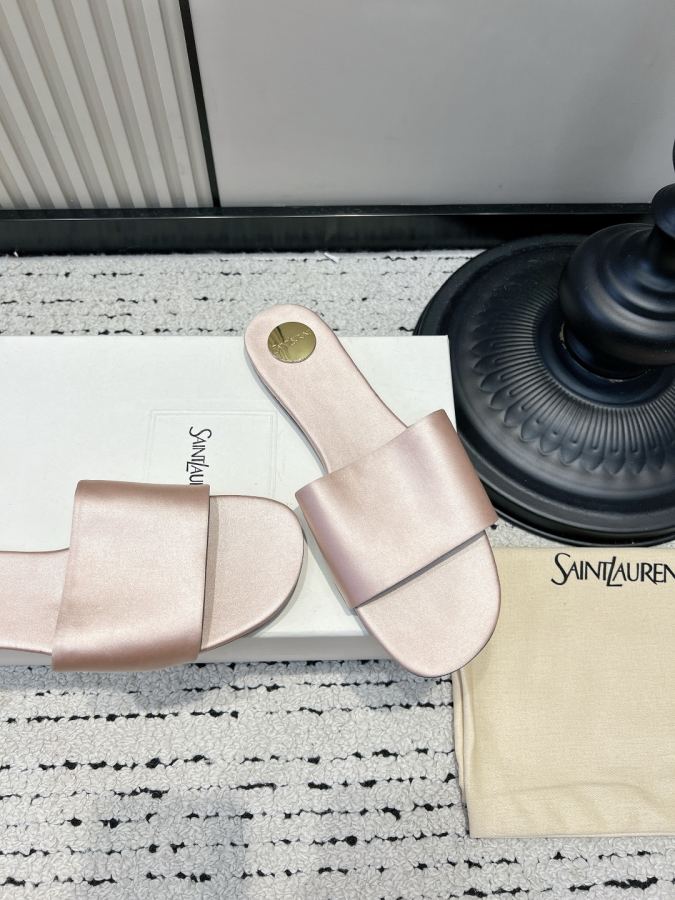 YSL women's shoes YSL Yves Saint Laurent satin flat metal round label flip flops light luxury outer — AAA Quality Replica — photo 4