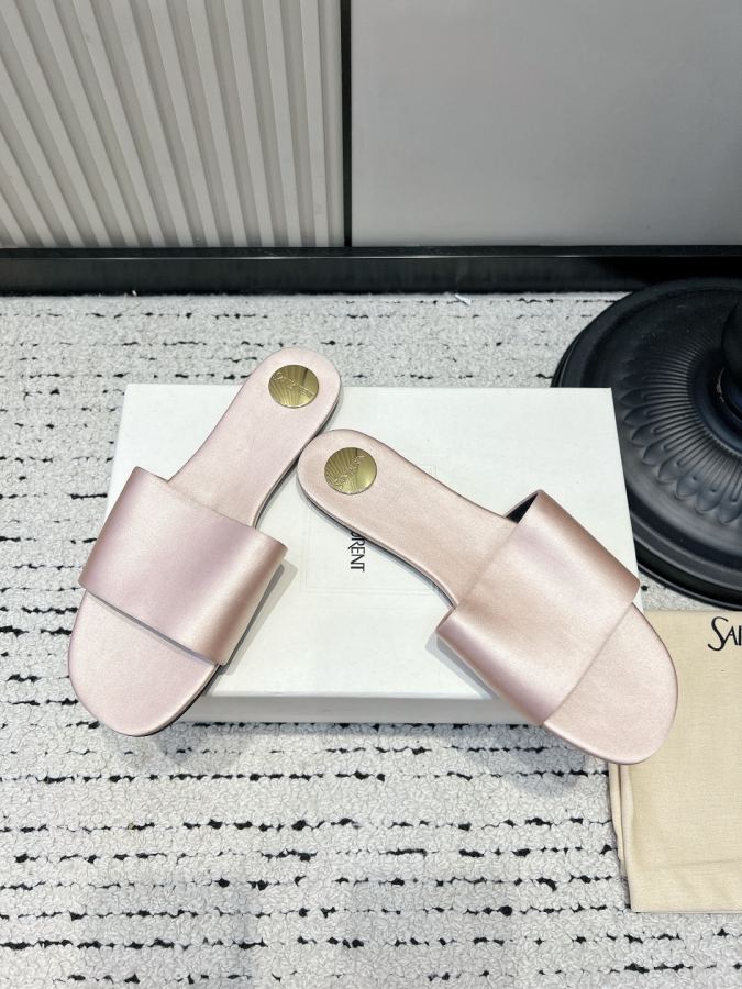 YSL women's shoes YSL Yves Saint Laurent satin flat metal round label flip flops light luxury outer — AAA Quality Replica — photo 2