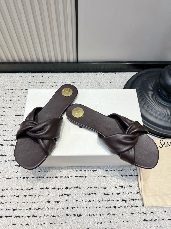 YSL women's shoes YSL Yves Saint Laurent twisted sheepskin sandals for women round gold label flat — Premium Replica — photo 2
