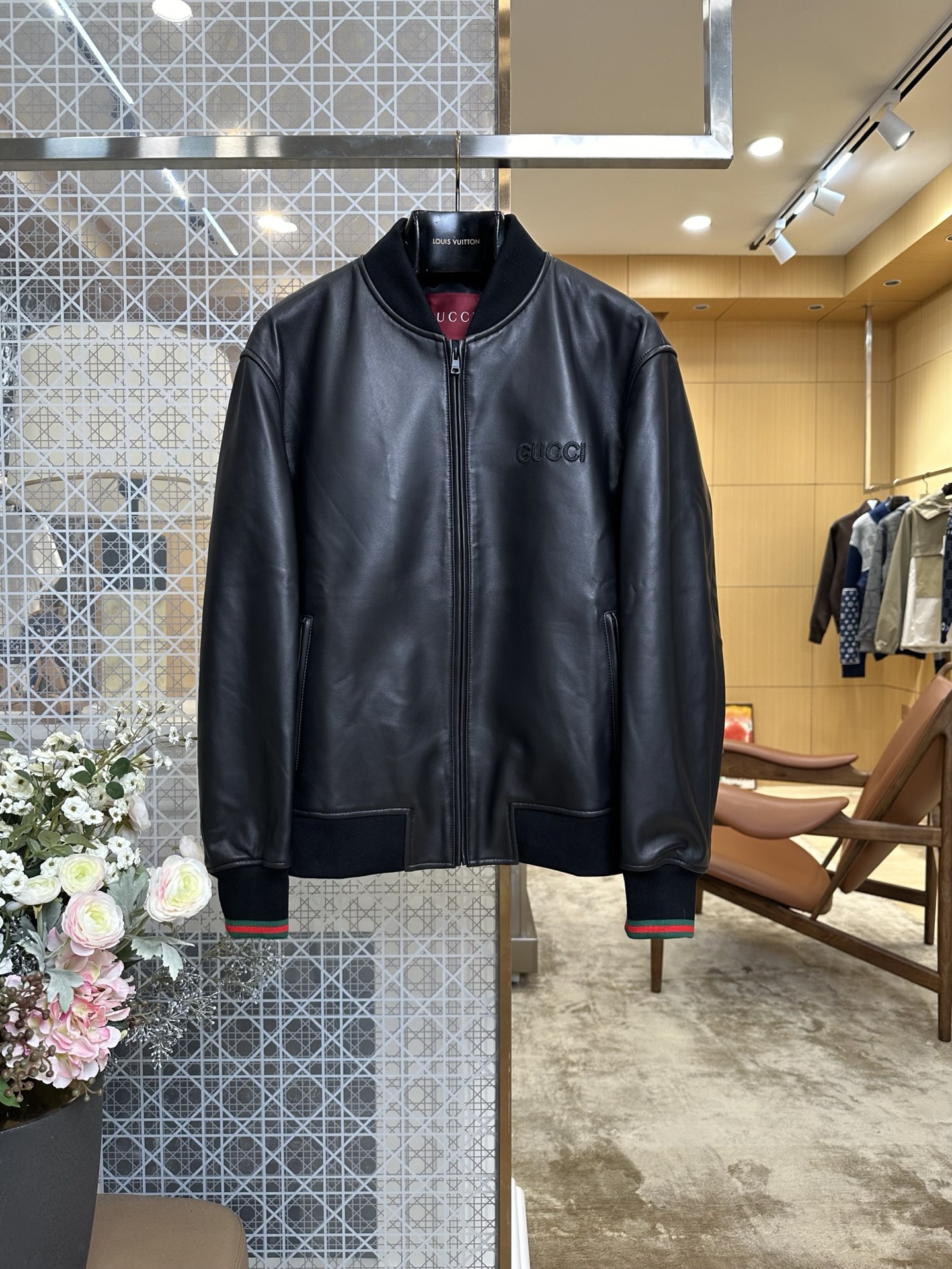 Gucci men GUCCI embroidered logo baseball collar luxury leather jacket — 1:1 Replica For Sale