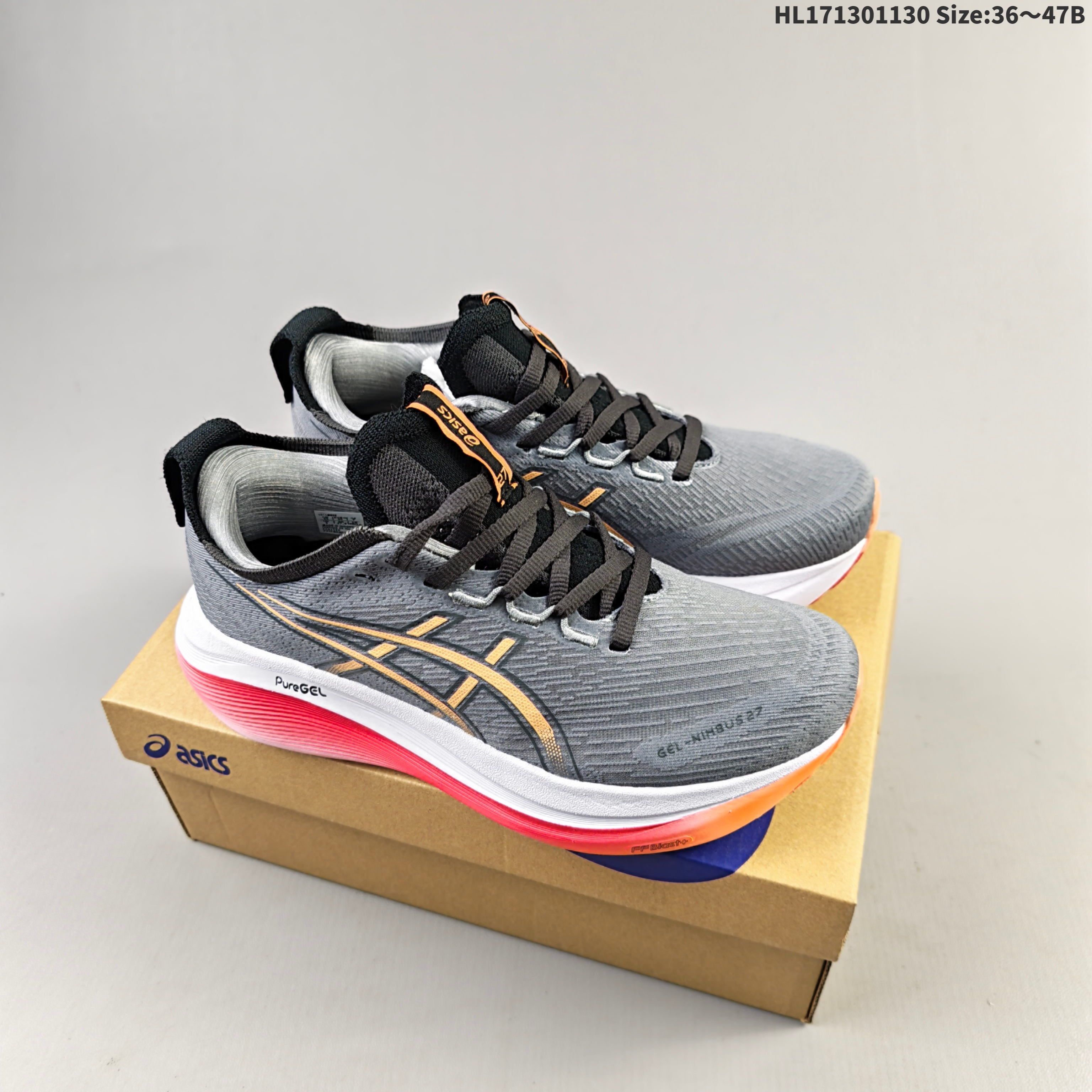 Asics Gel-Nimbus 27 Grey Black Orange Red White EU 36-47 Running Shoe Running Sneakers - Unisex BS-69204