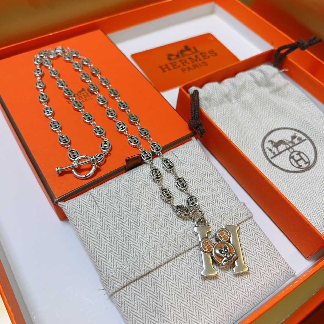 Hermes H Logo Mickey Pendant Chain necklace Silver-toned metal with orange enamel accents 50cm