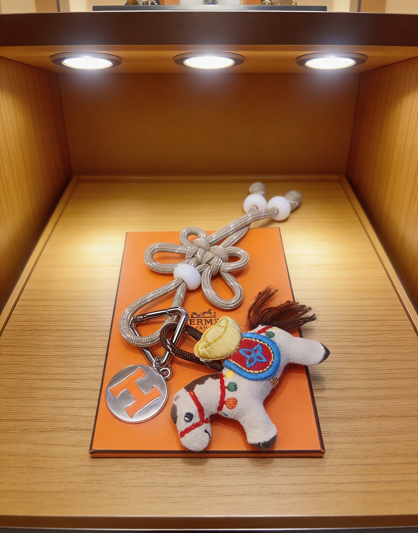 Hermes Rodeo Horse Charm Keychain pendant Silver-tone metal with orange enamel H logo beige braided cord with white resin beads off-white felt horse charm with multicolor embroidered accents and brown mane tail 12cm total length