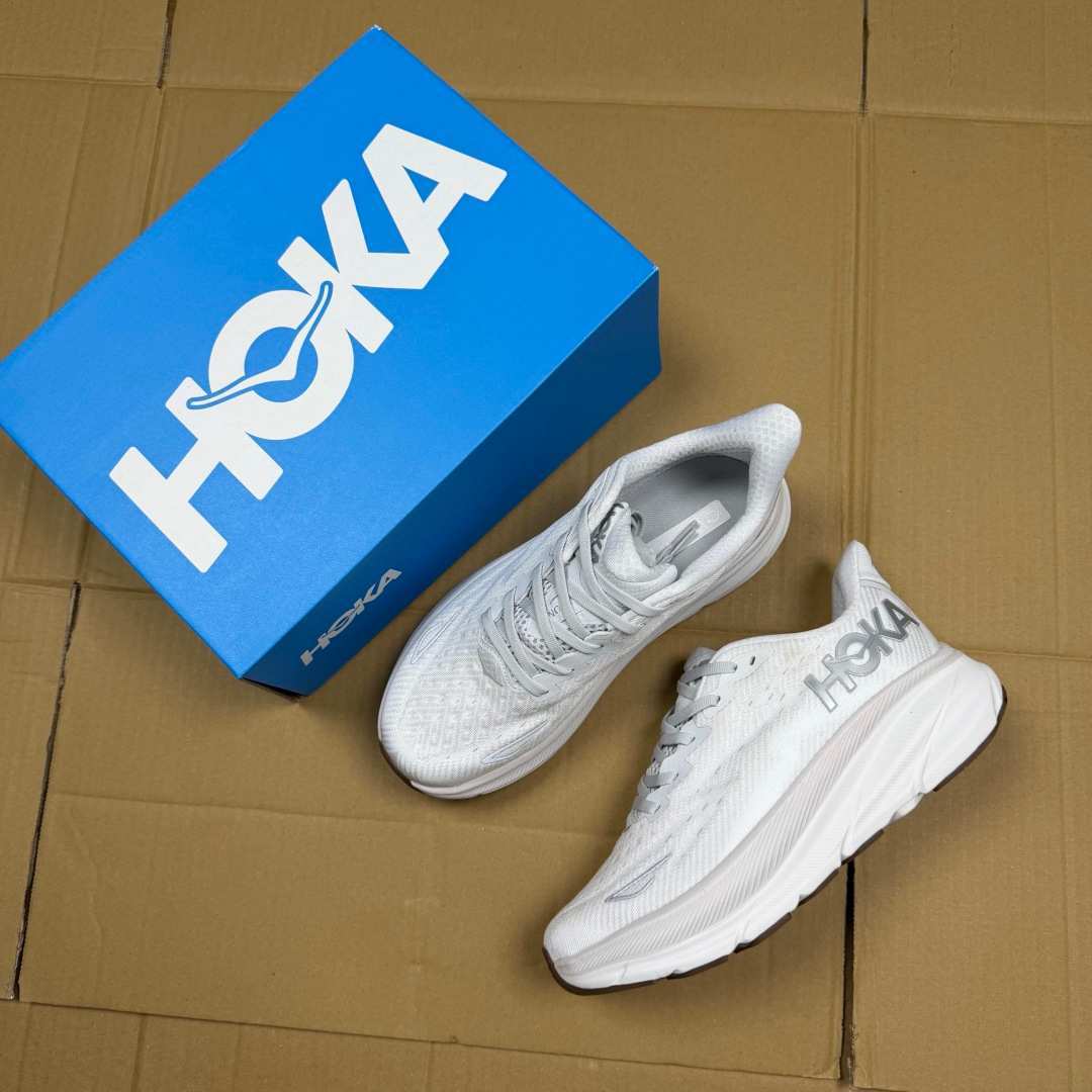 HOKA Clifton 9 White Light Grey Silver Running Shoe Running Sneakers BS-86869