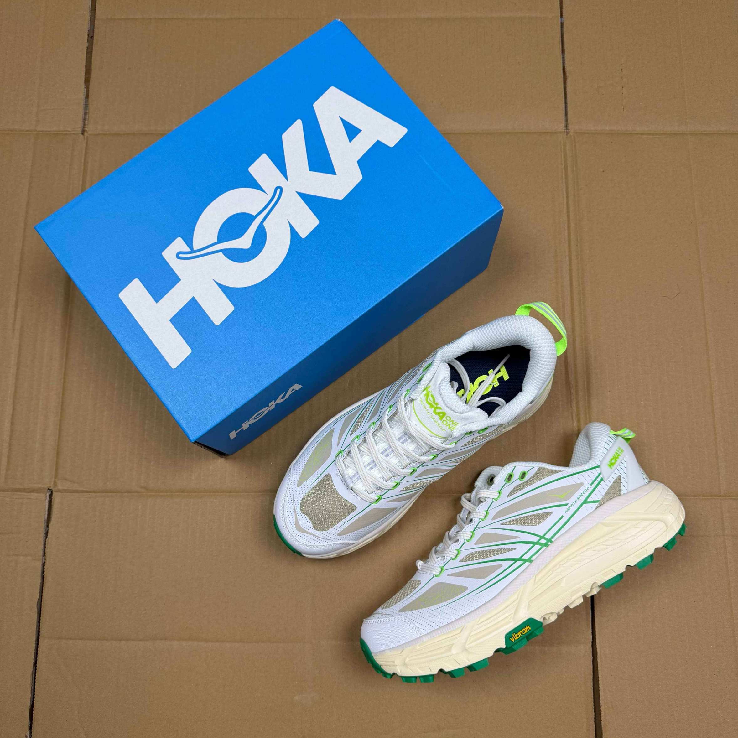 HOKA ONE ONE Mafate Speed 2 White Beige Neon Green Cream Trail Shoe Trail Running Sneakers BS-86854
