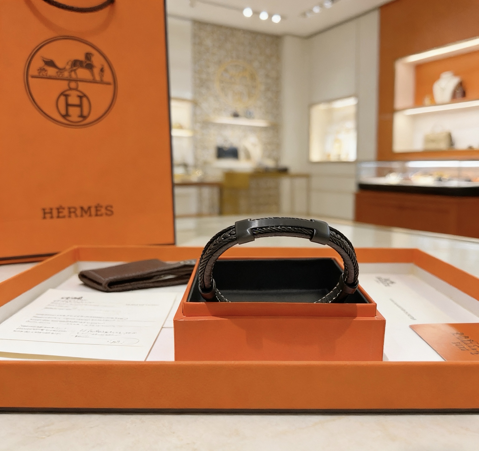 Hermes New Anger Forest bracelet black leather with gunmetal hardware 19cm