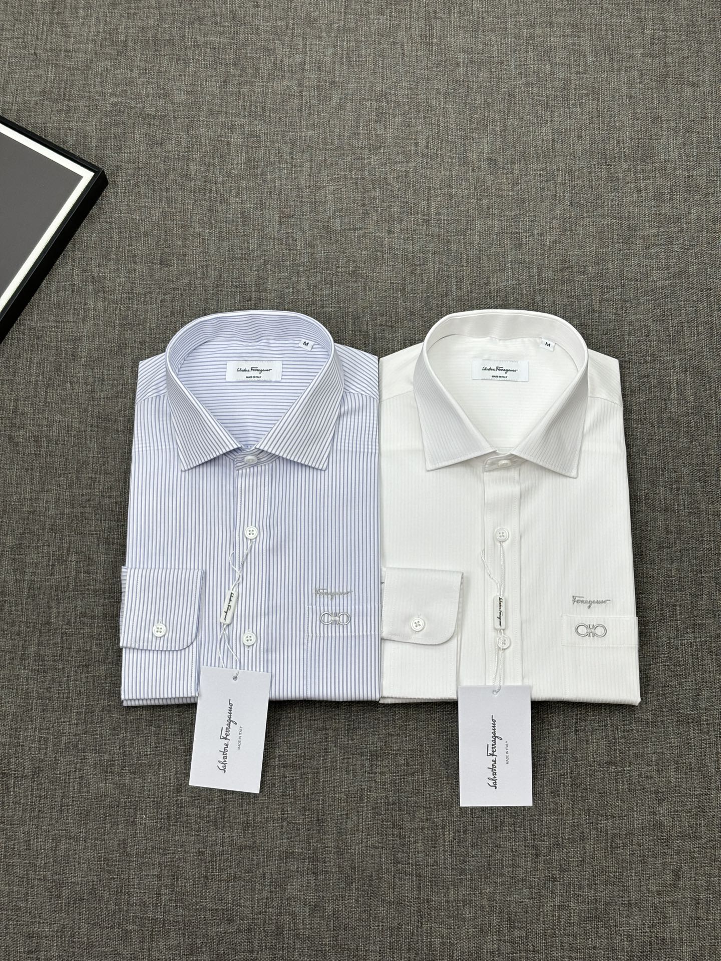 Ferragamo men classic business casual shirt with figure-shaped collar, high count, dark pattern, — AAA Quality Replica