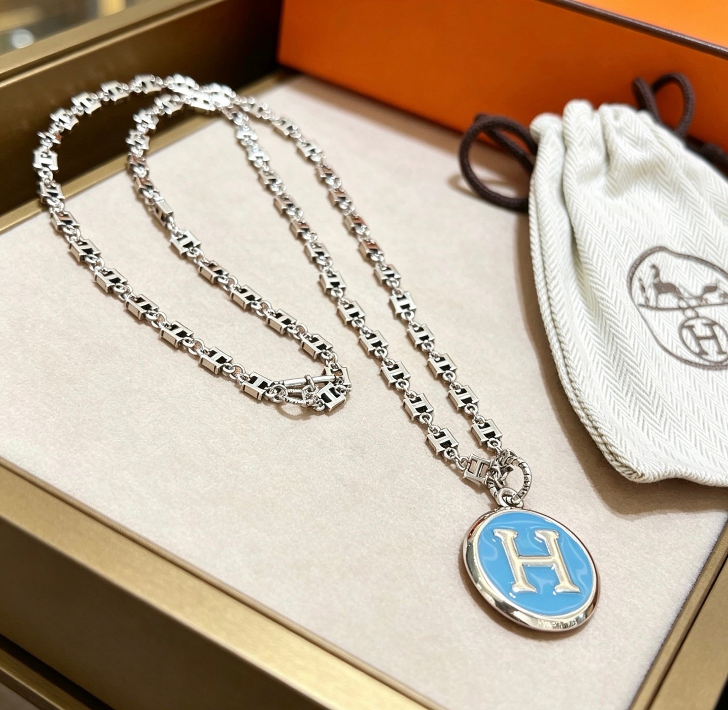 Hermes H Series necklace Silver-toned metal with light blue enamel and silver H logo 45cm