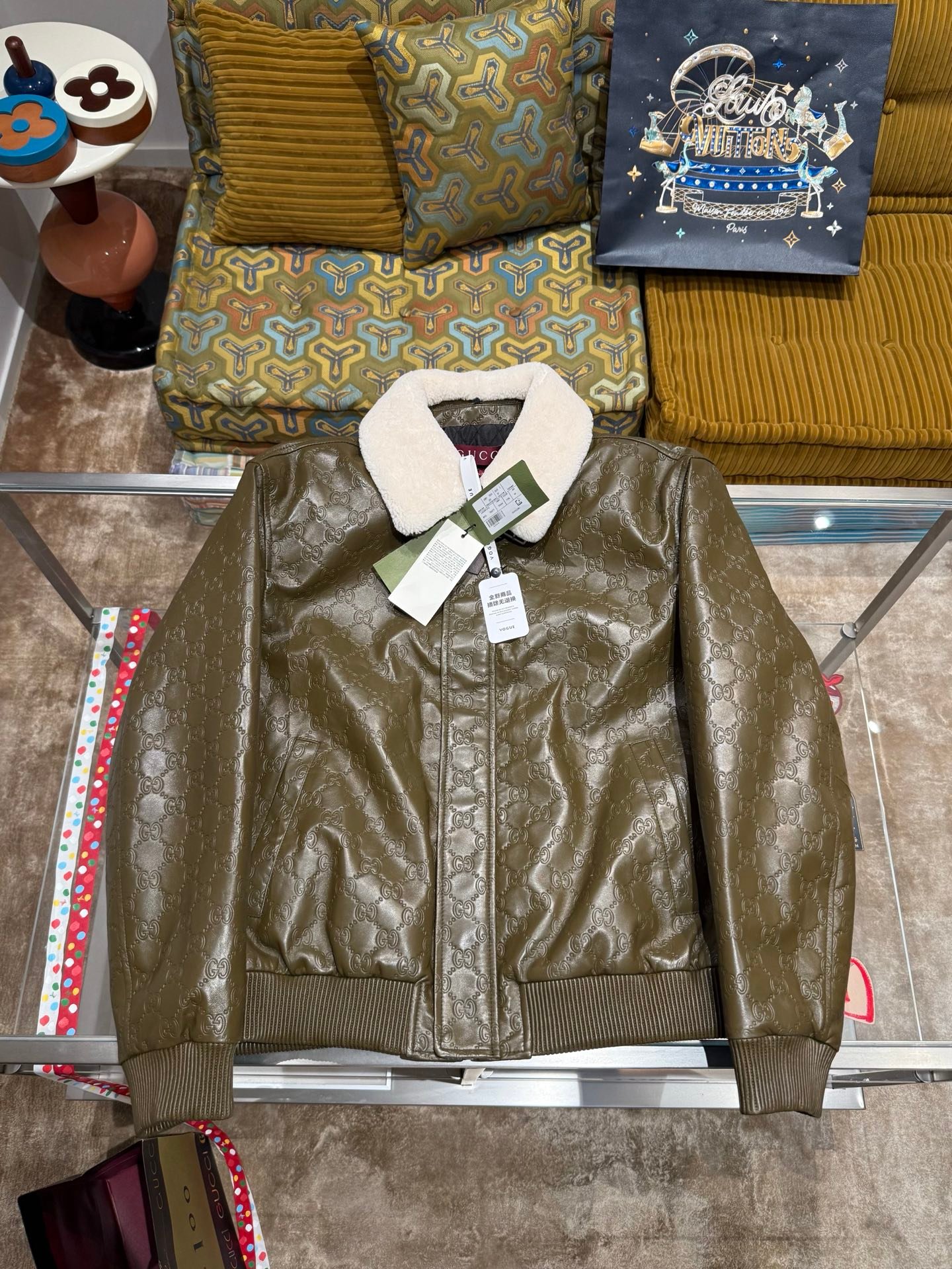 Gucci men GUCCI embossed sheepskin leather jacket
