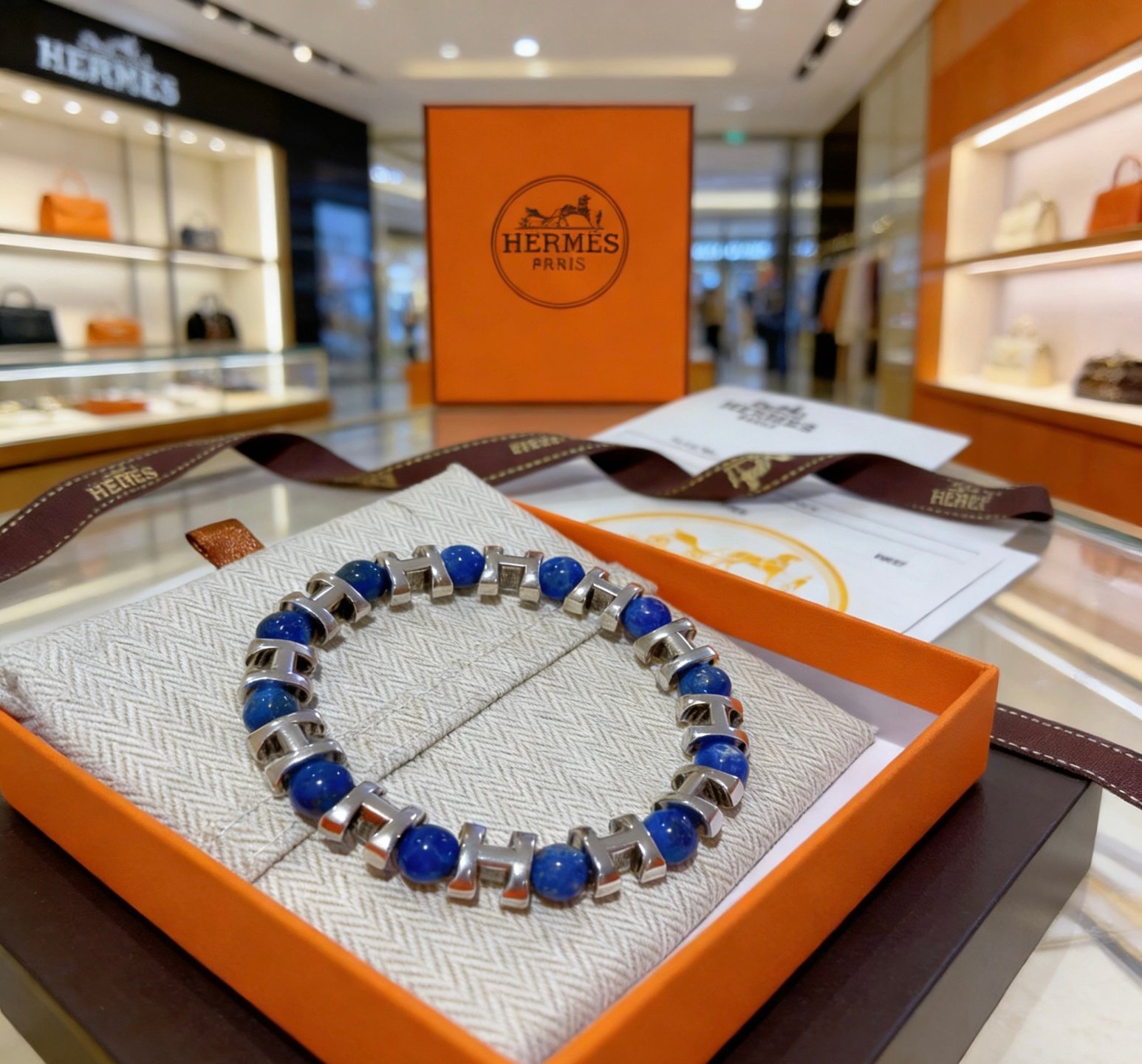 Hermes Anger Forest H d Ancre bracelet Silver-toned metal with blue lapis lazuli beads 19cm