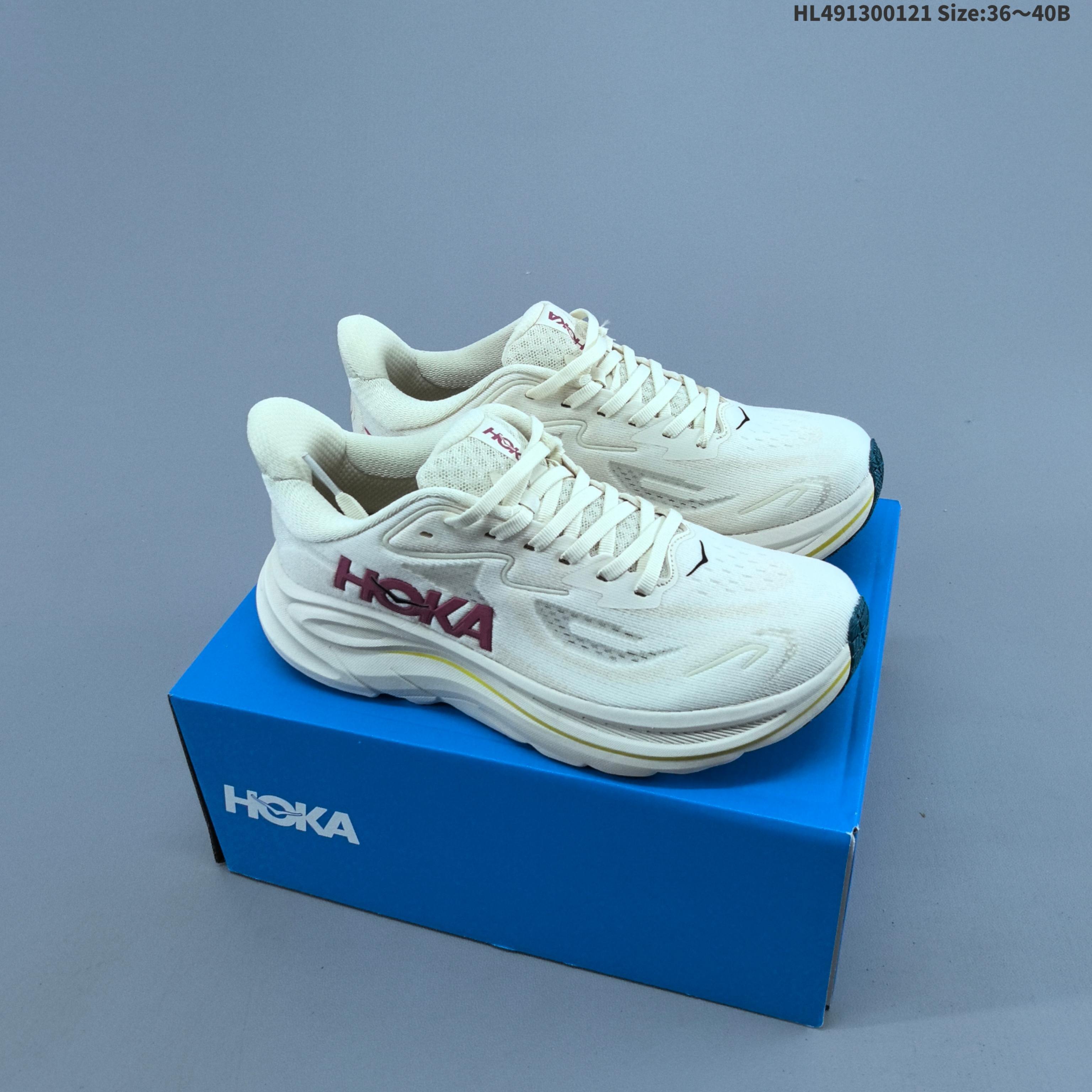 HOKA Clifton 10 Off White Burgundy Yellow Teal EU 36-40 Running Shoe Running Sneakers - Unisex BS-69397