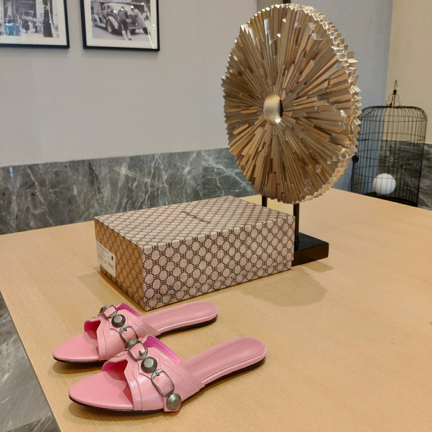 Balenciaga Cagole Slide Sandal Light Pink Dark Silver Black Slides BS-87474