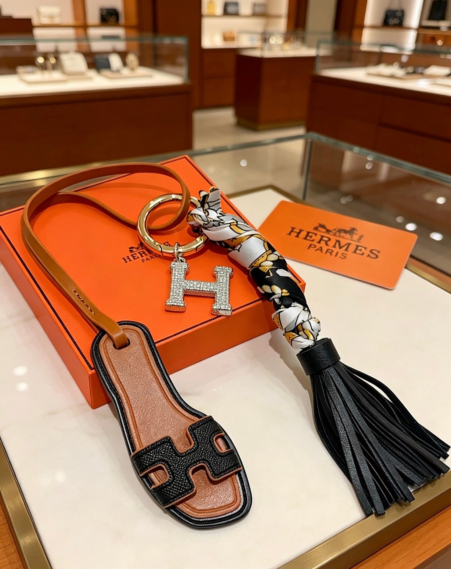 Hermes Oran Sandal Charm Llavero colgante Metal dorado cuero negro y tostado cristal transparente negro oro blanco seda borla de cuero negro Correa de 18 cm de longitud