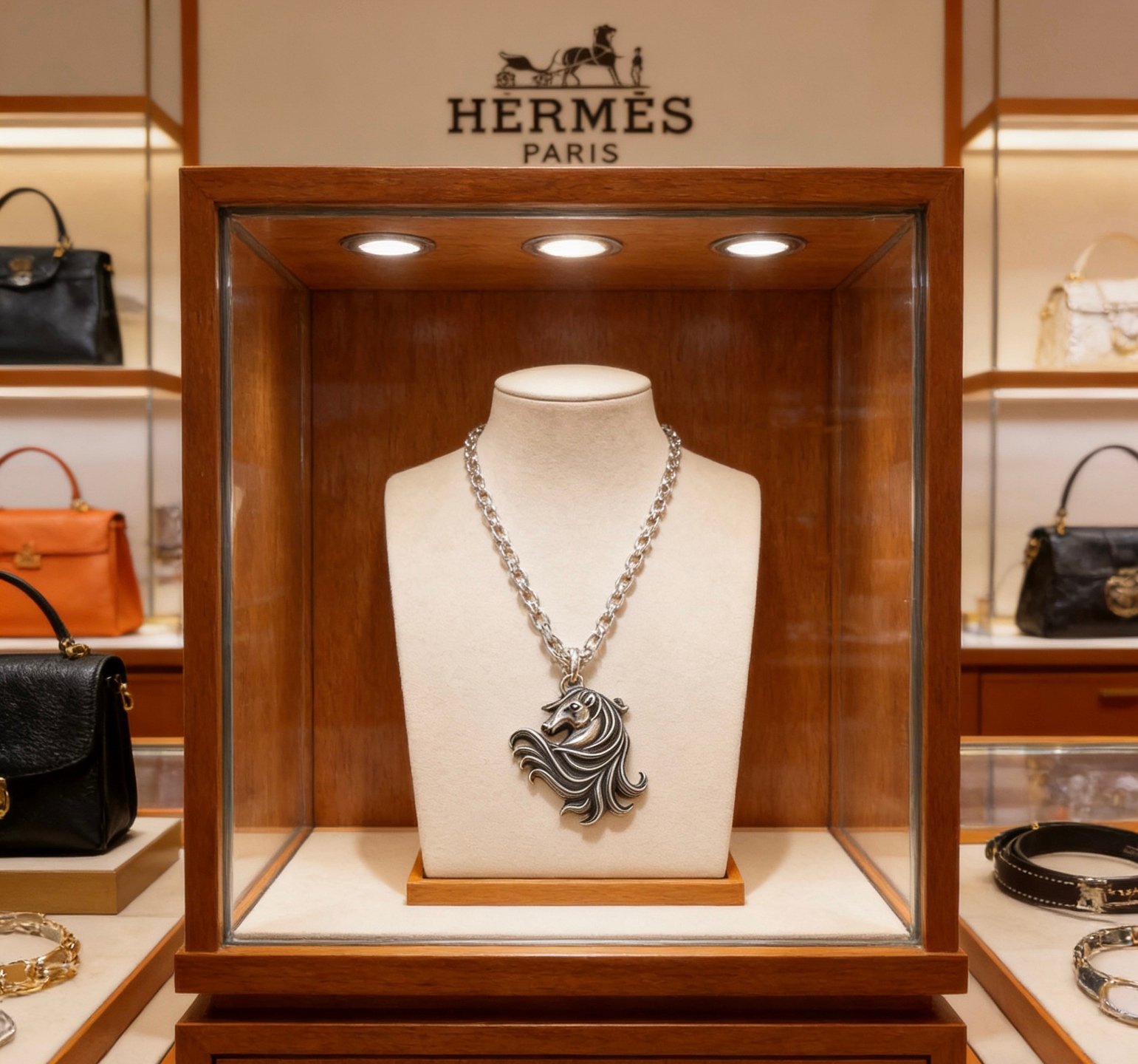 Hermes Cheval Horse Head Pendant necklace Antique silver-toned metal with oxidized dark detailing 60cm