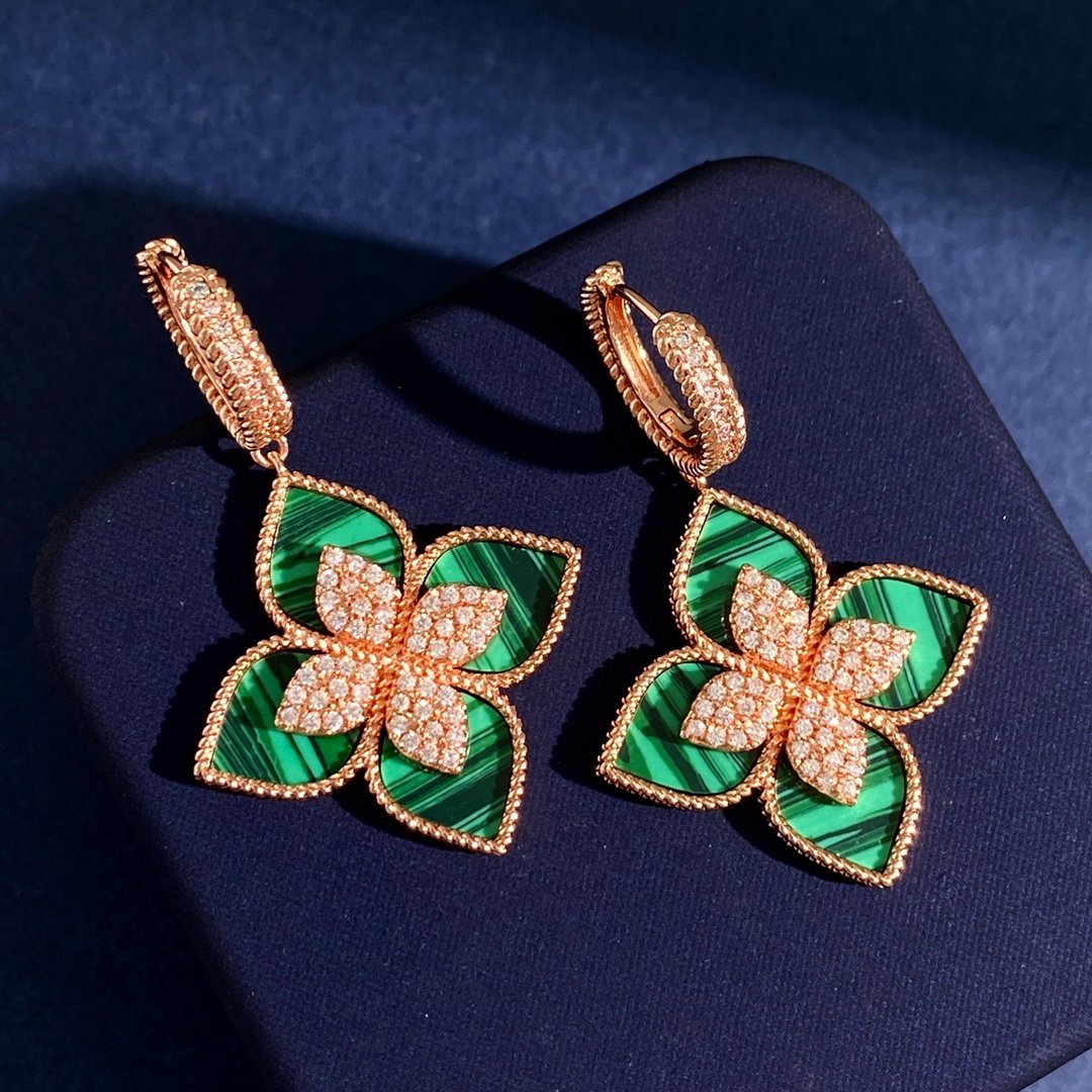 Roberto Coin Love in Verona Flower earrings 18k rose gold with diamond pave available variants royal blue lapis lazuli green malachite white mother-of-pearl 2 5cm drop length