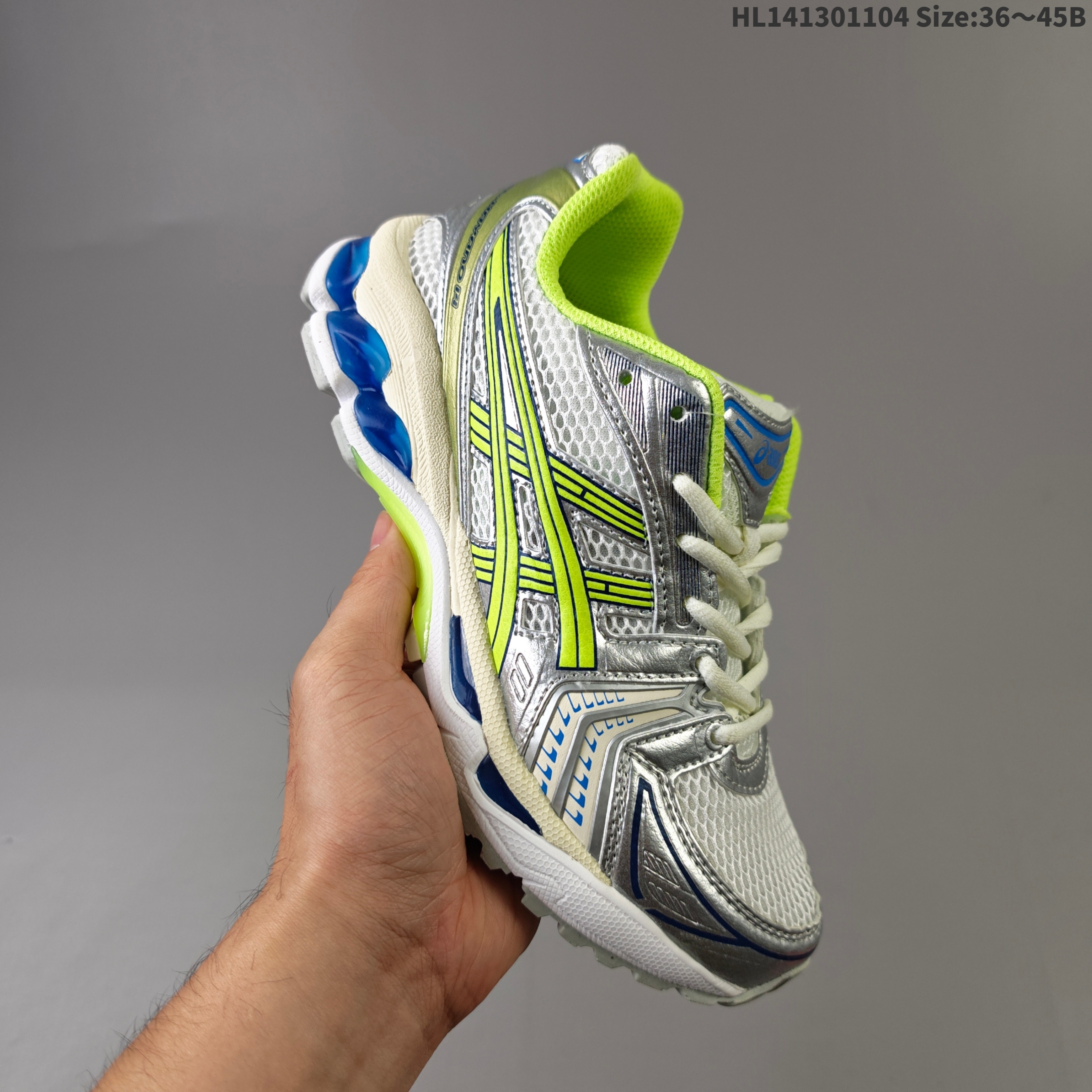 ASICS GEL-KAYANO 14 Silver White Neon Lime Blue EU 36-45 Running Shoe Running Sneakers - Unisex BS-69326