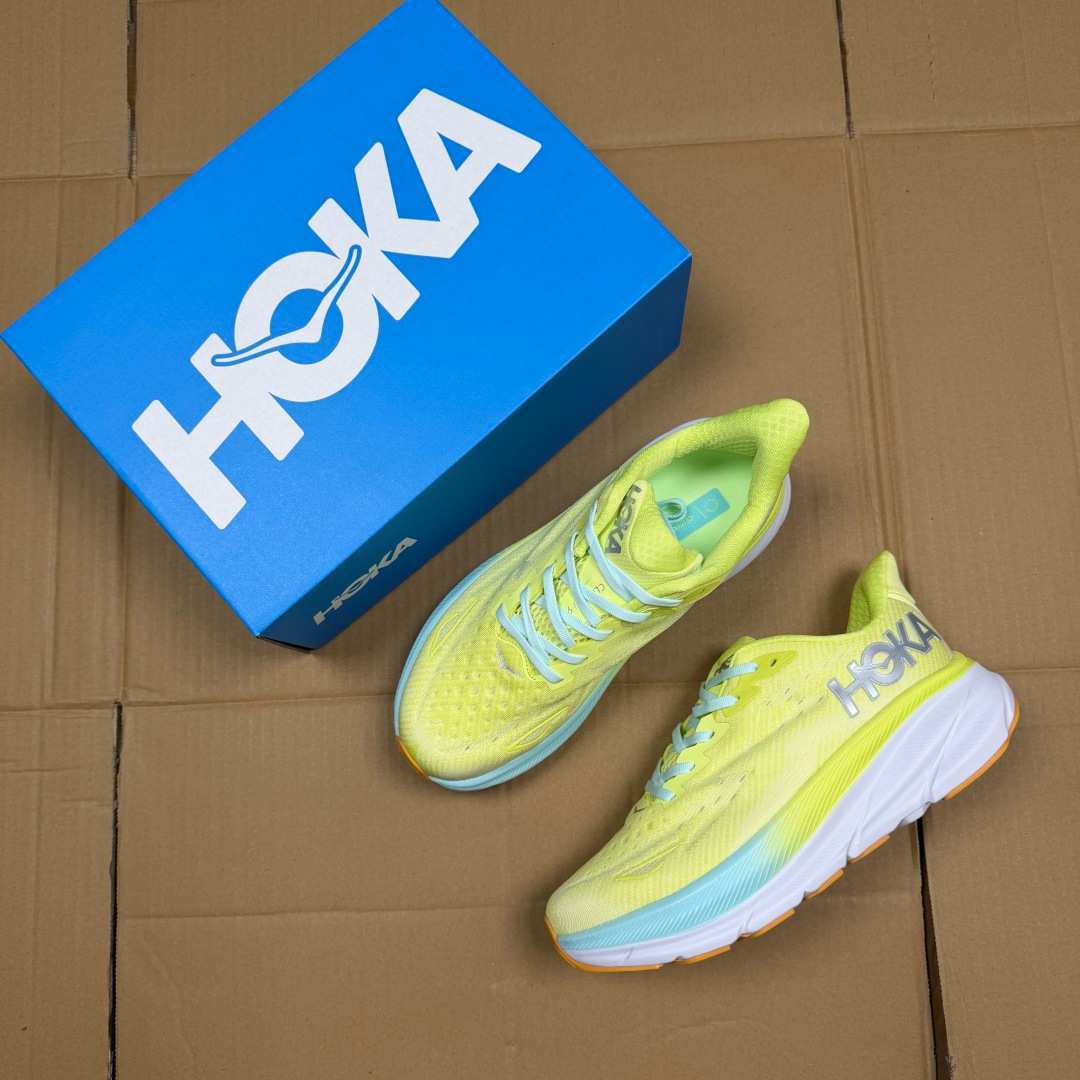 HOKA Clifton 9 Neon Yellow Light Blue White Orange Running Shoe Running Sneakers BS-86858