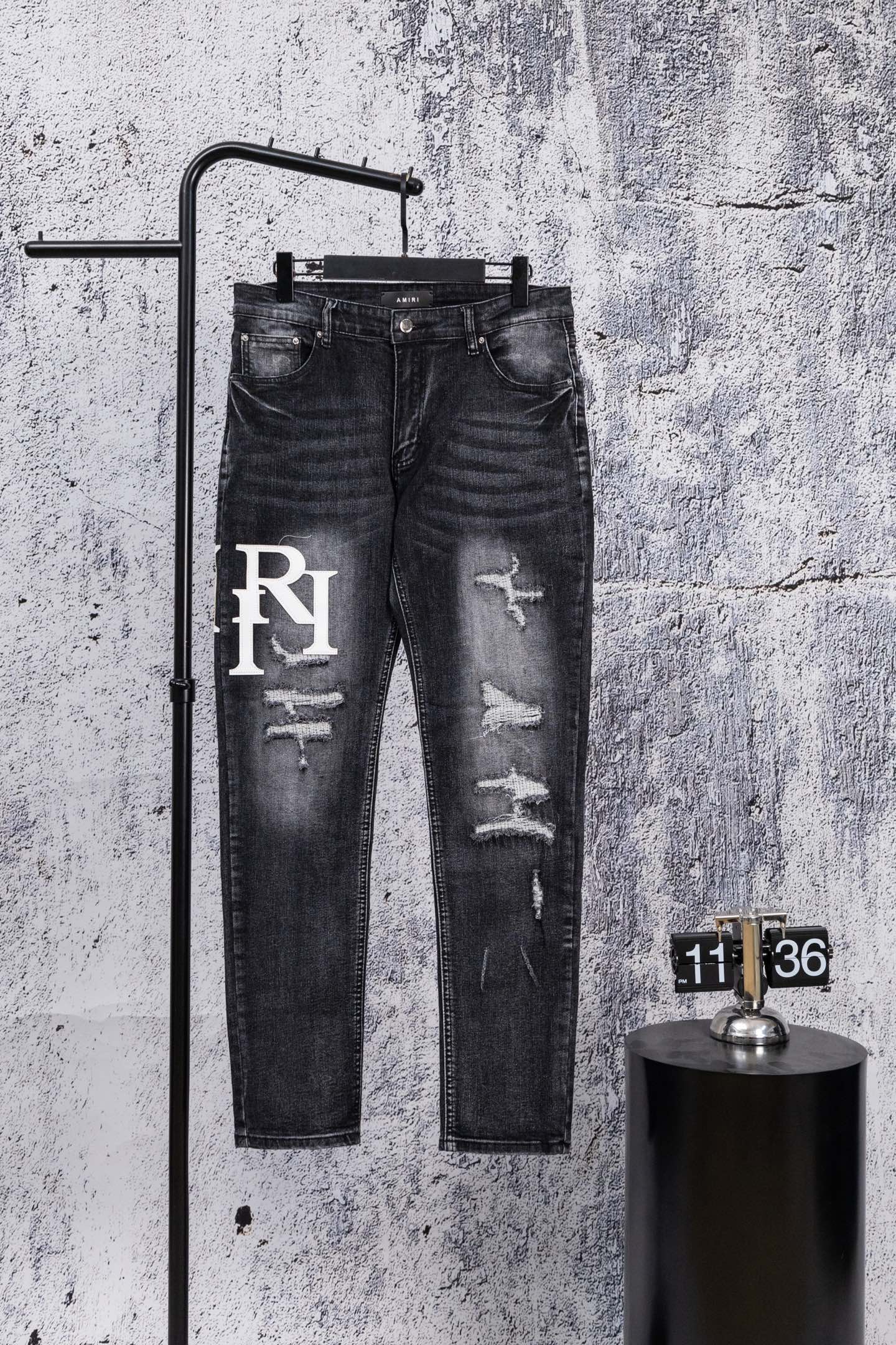 Amiri men AMIRI Black and gray distressed slim-fit jeans trousers — AAA Quality Replica