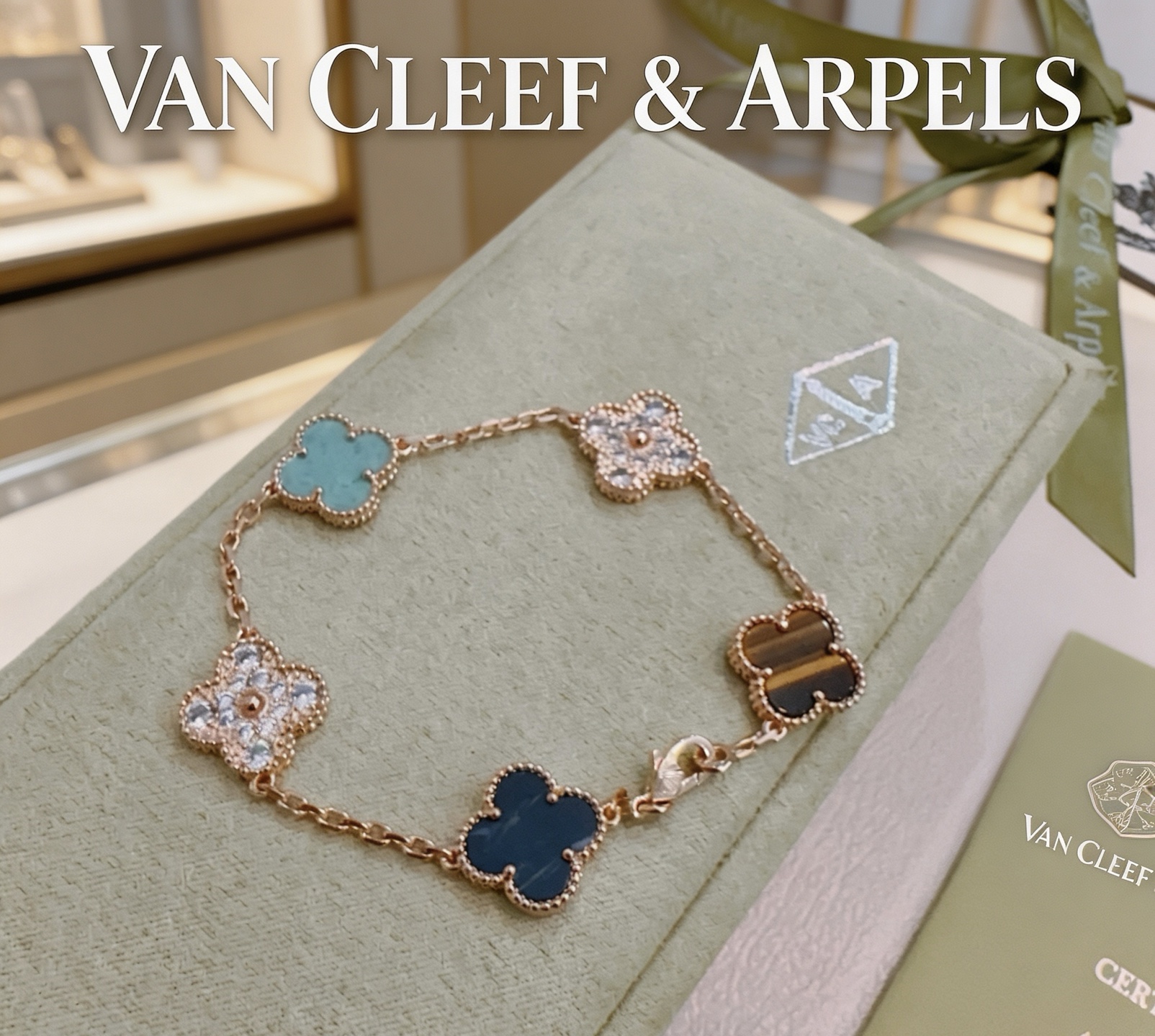 Bracelet Van Cleef Arpels Alhambra Métal doré rose avec oeil de tigre en diamant turquoise et accents de pierre bleu foncé 17 cm