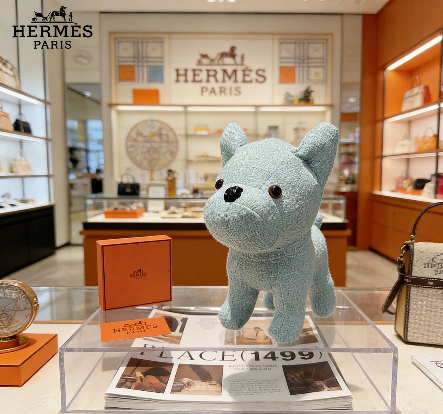 Hermes Buddy French Bulldog Plush Charm pendant Light blue textured fabric with black and brown plastic eyes black plastic nose 28cm