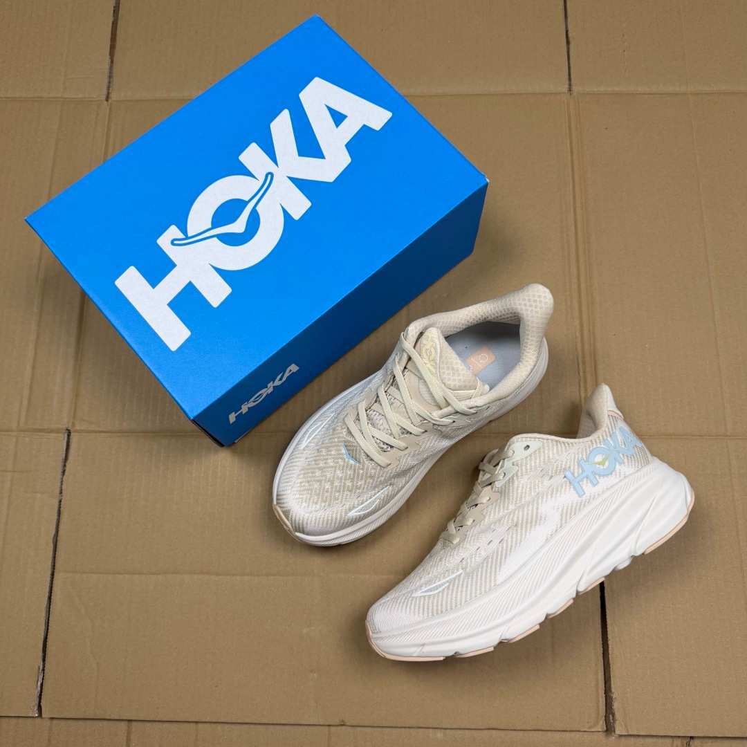HOKA Clifton 9 Cream White Light Blue Beige Running Shoe Running Sneakers BS-86877