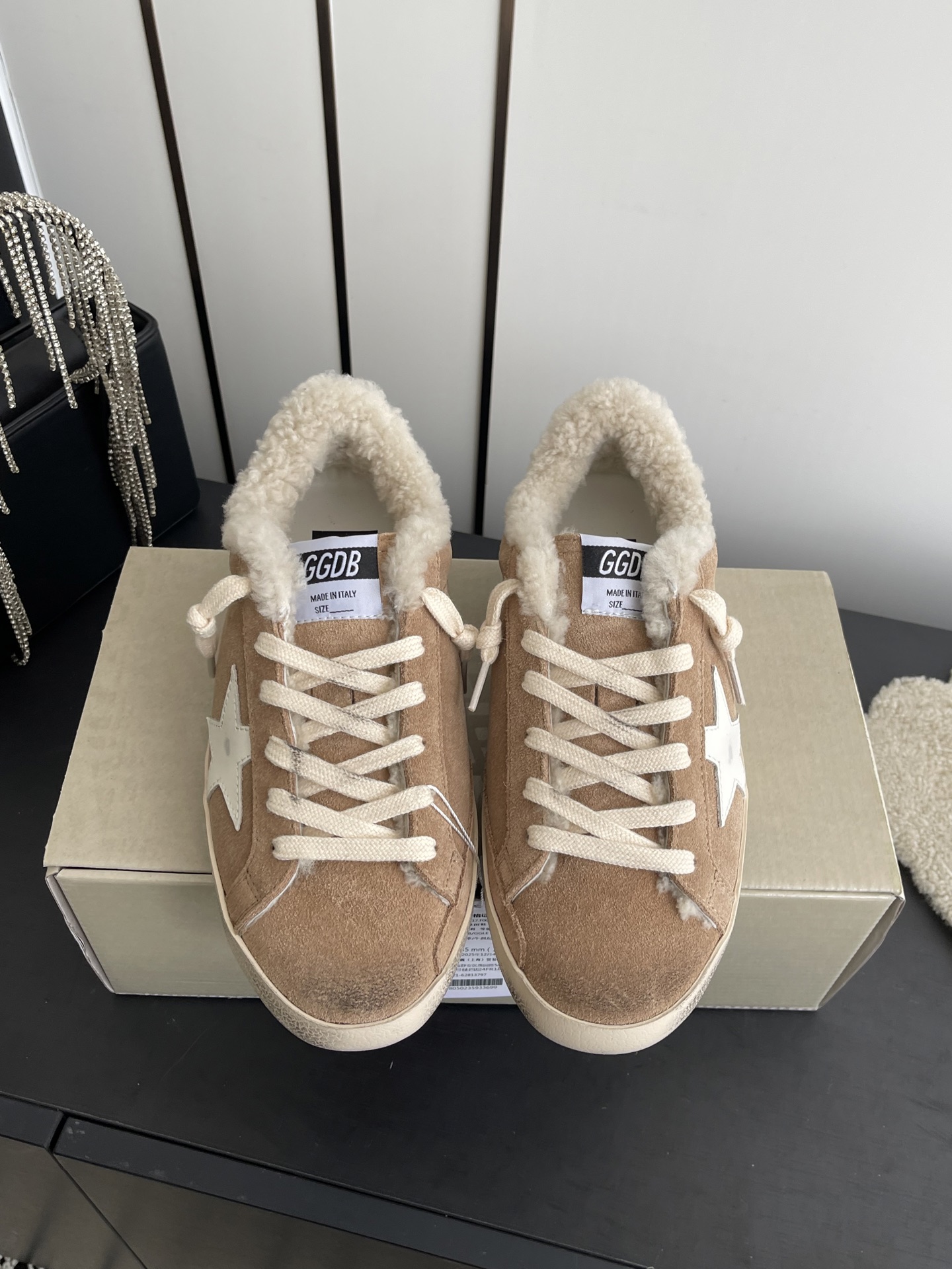 Golden Goose Super Star Shearling Lined Tan White Cream Off White Skate Shoe BS-87482