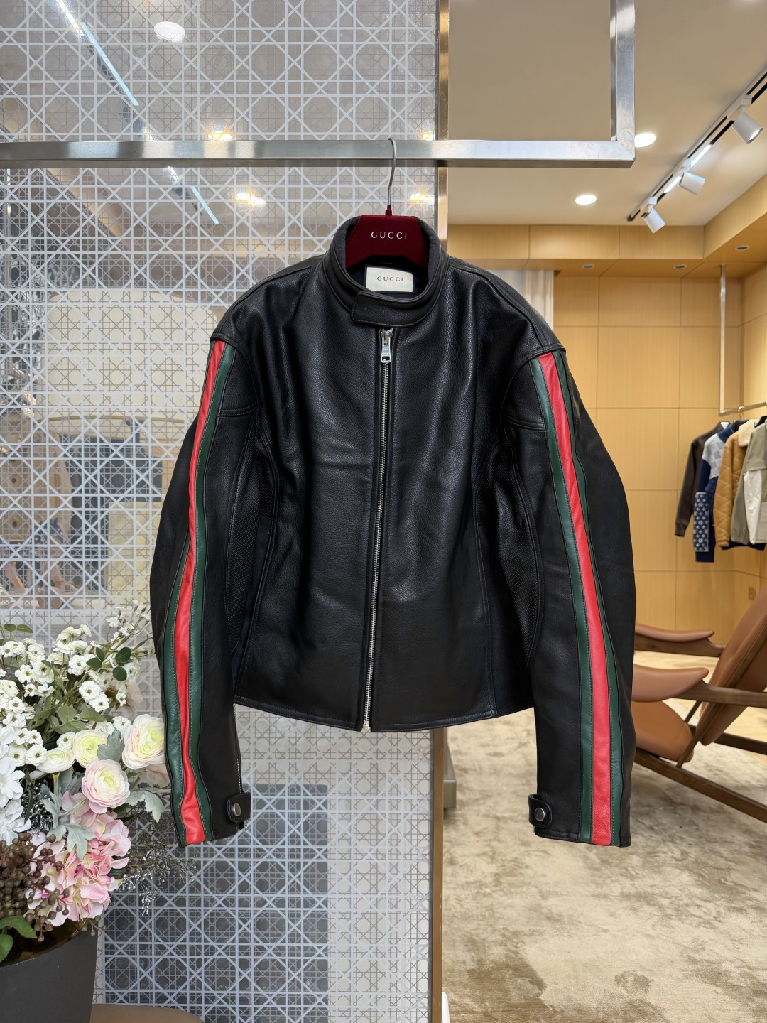 Gucci men GUCCI red and green webbing genuine leather motorcycle jacket — AAA Quality Replica