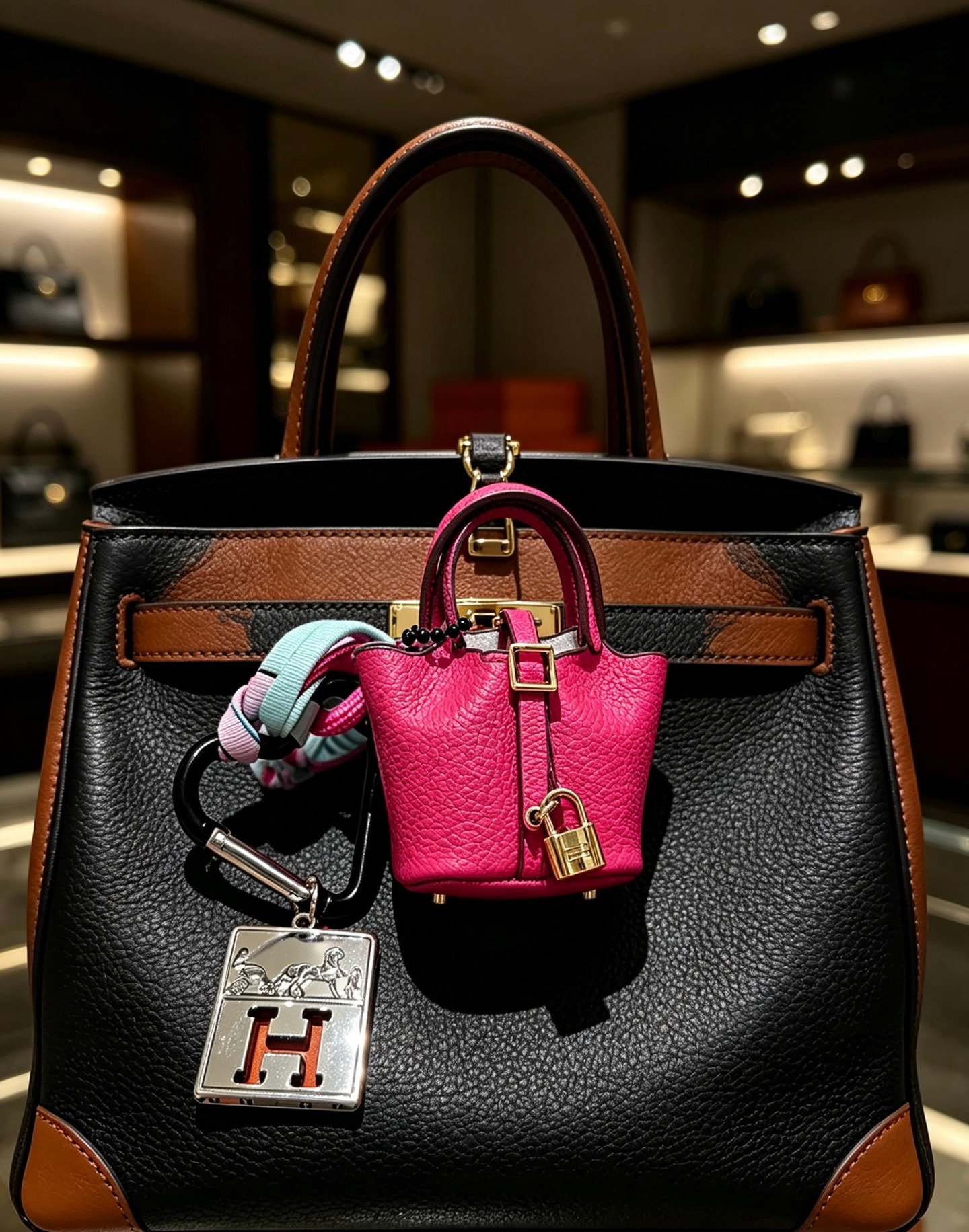 Hermes Mini Picotin Bag Charm with H Logo Tag pendant Hot pink grained leather with gold-tone hardware silver-tone H logo tag black carabiner multicolor braided strap black beaded chain Total length 12cm