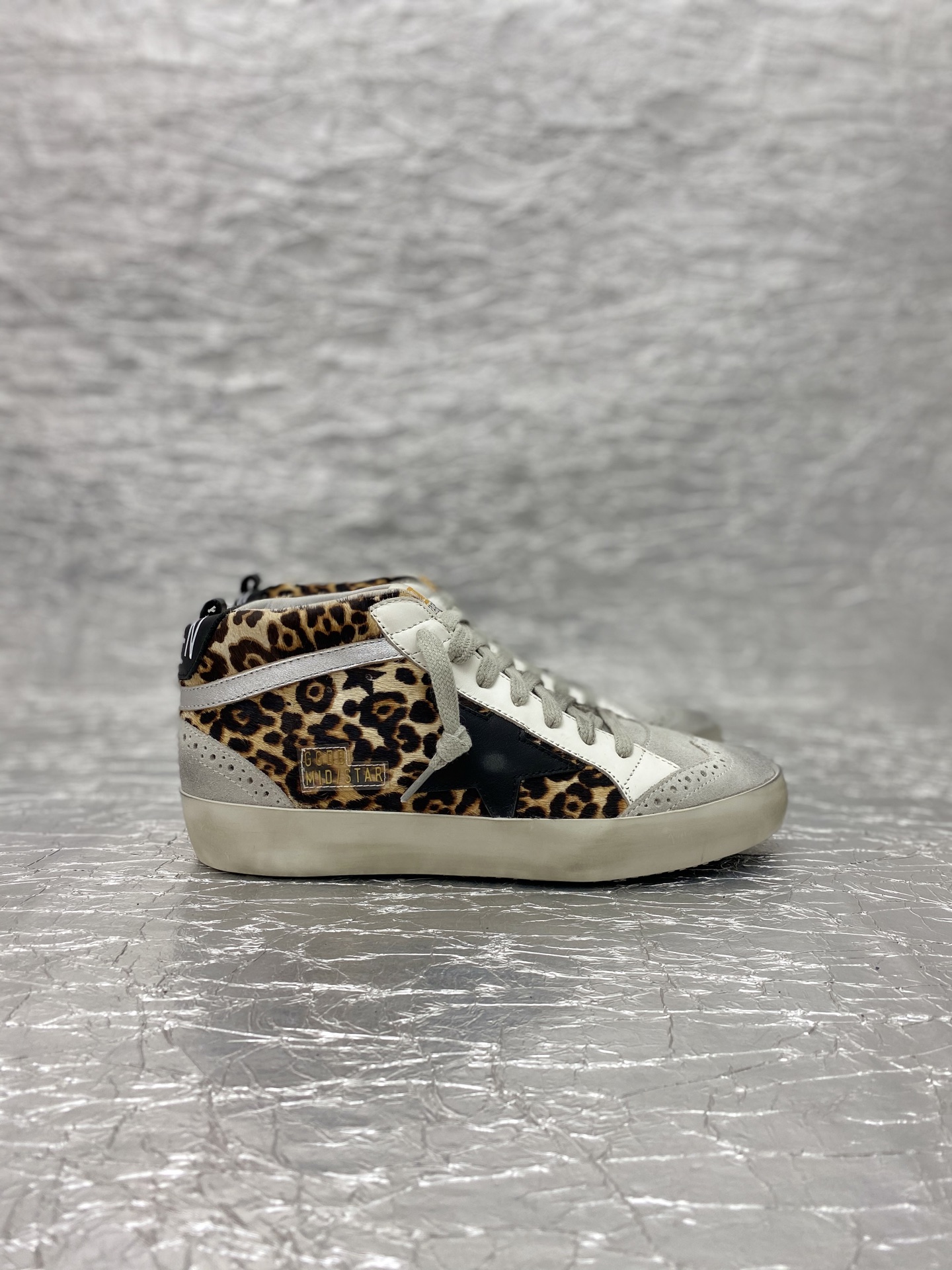 Golden Goose Midstar Leopard Print White Black Silver Beige Skate Shoe BS-87506