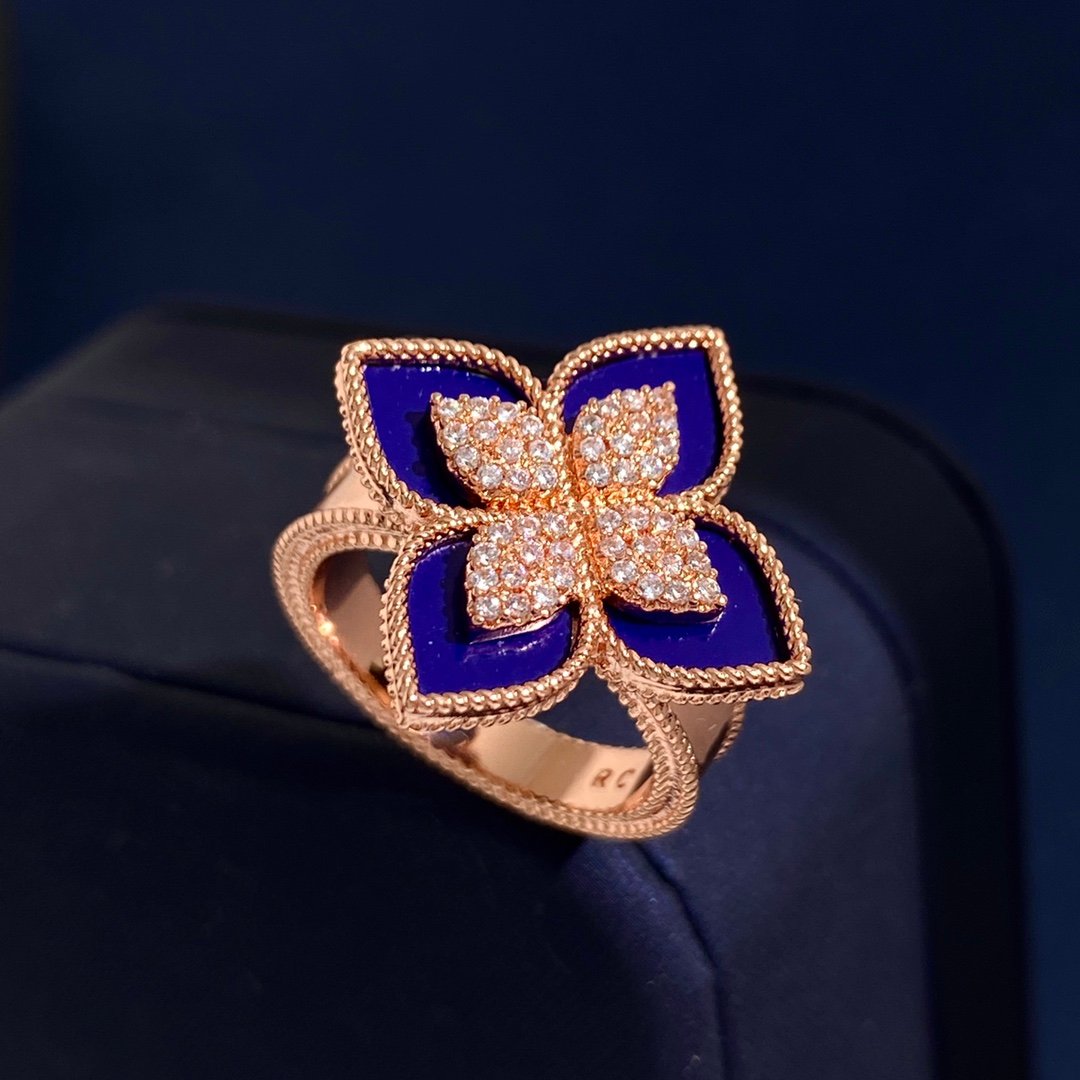 Roberto Coin Princess Flower ring Rose gold with blue lapis black onyx and pave white diamonds US 7