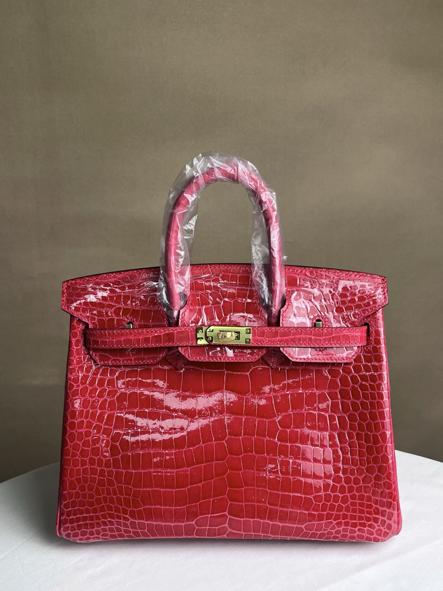Hermes tas Alligator hoogglans platina 25 roze rode vlek