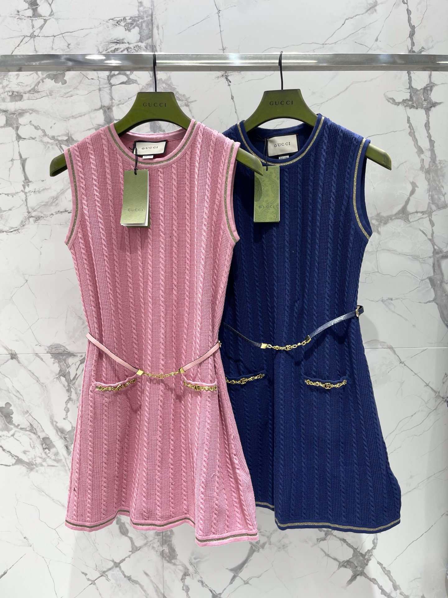Gucci Women 𝗚𝗨𝗖𝗖* Gucci Early Spring New Letter Chain Pocket Knitted Sleeveless Dress — AAA Quality Replica