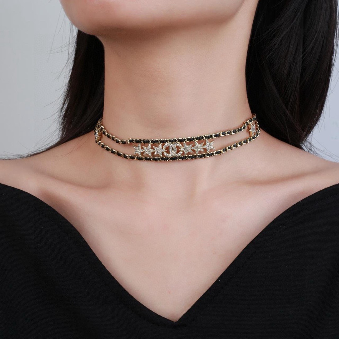 Chanel CC Star Crystal Leather Woven Choker necklace Gold-tone metal black leather clear crystal 38cm with 5cm extender