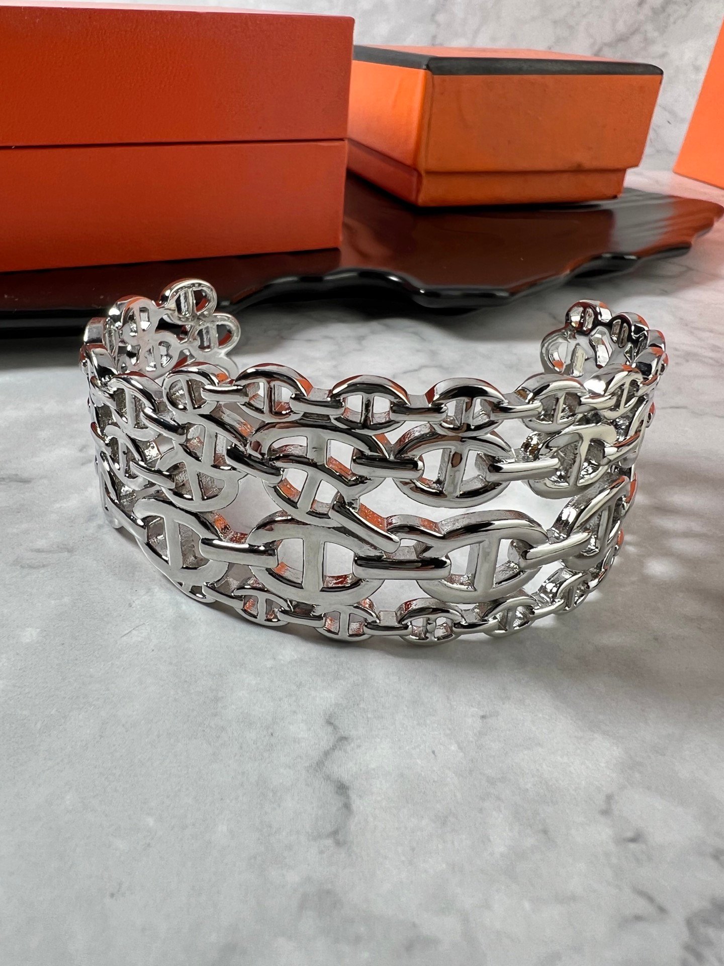 Pulseira Hermes Chaine d Ancre em metal prateado sem pedras de destaque 17 cm de circunferência interna