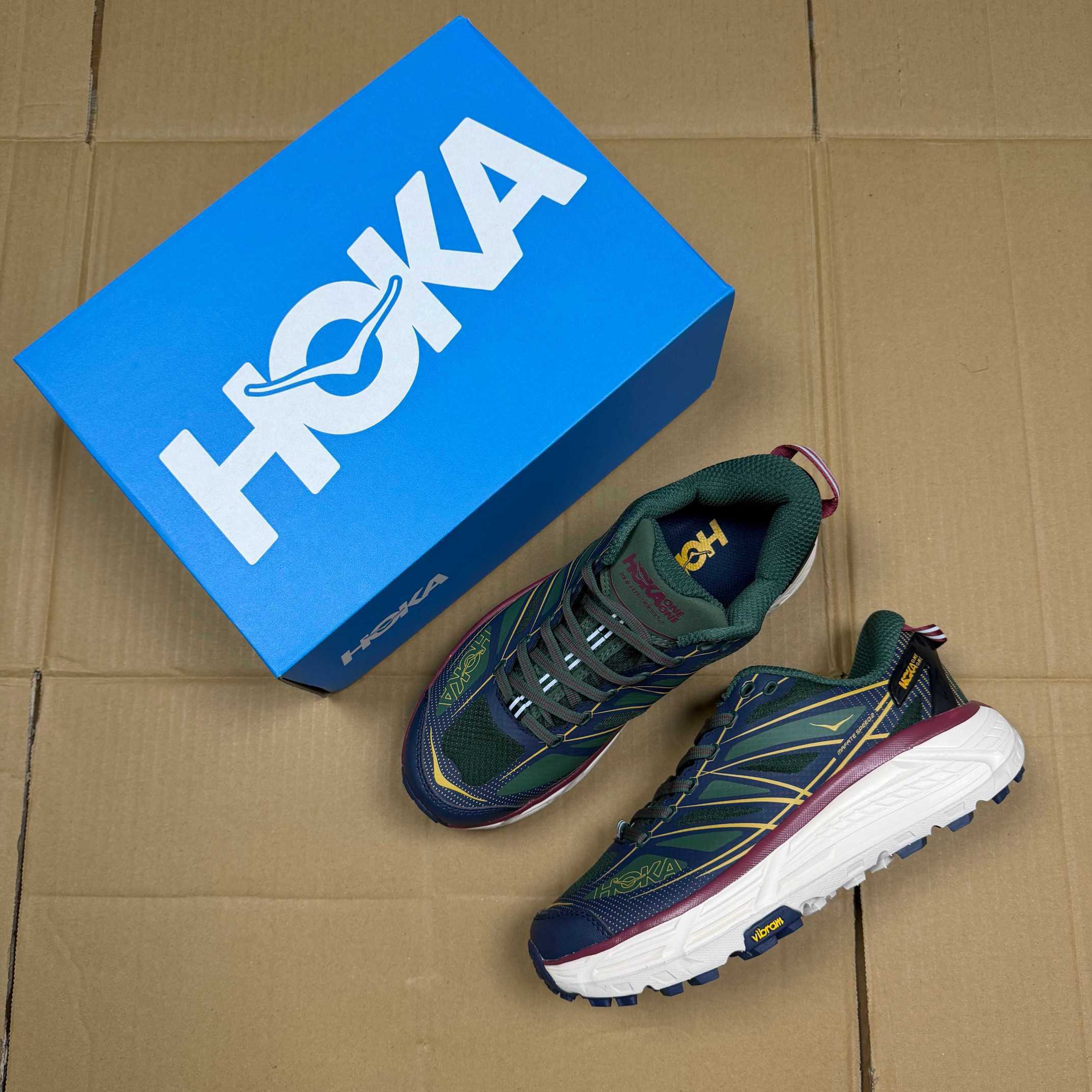 HOKA ONE ONE Mafate Speed 2 Navy Green Maroon Gold White Trail Shoe Trail Running Sneakers BS-86891