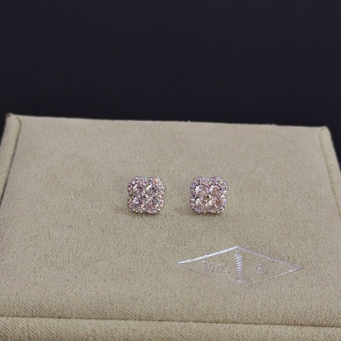 Van Cleef Arpels Alhambra earrings white gold metal with clear diamond stones 8mm stud diameter