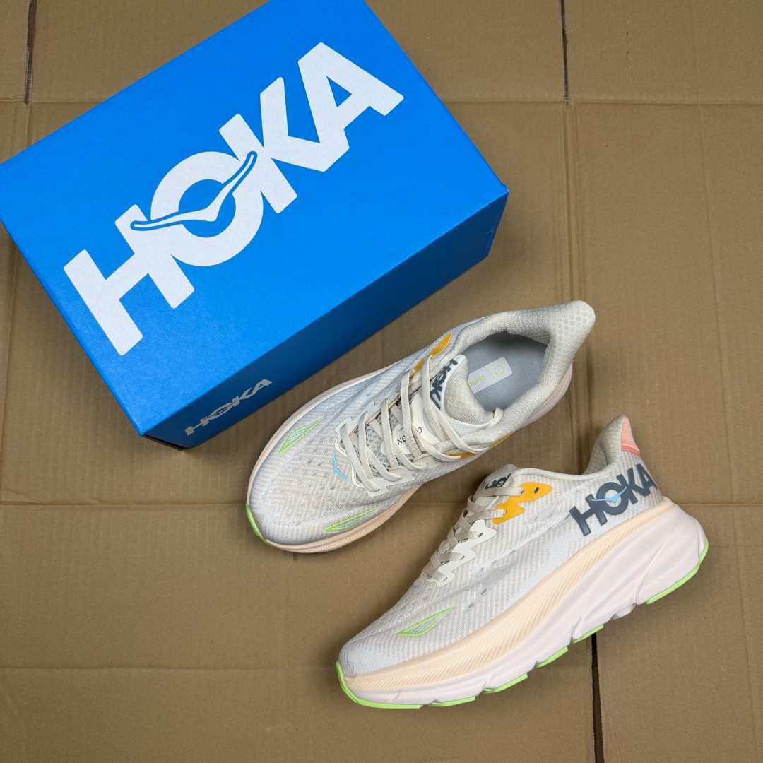HOKA Clifton 9 White Beige Yellow Green Pink Running Shoe Running Sneakers BS-86875