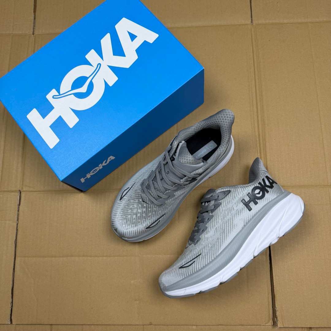 HOKA Clifton 9 Grey White Black Running Shoe Running Sneakers BS-86864