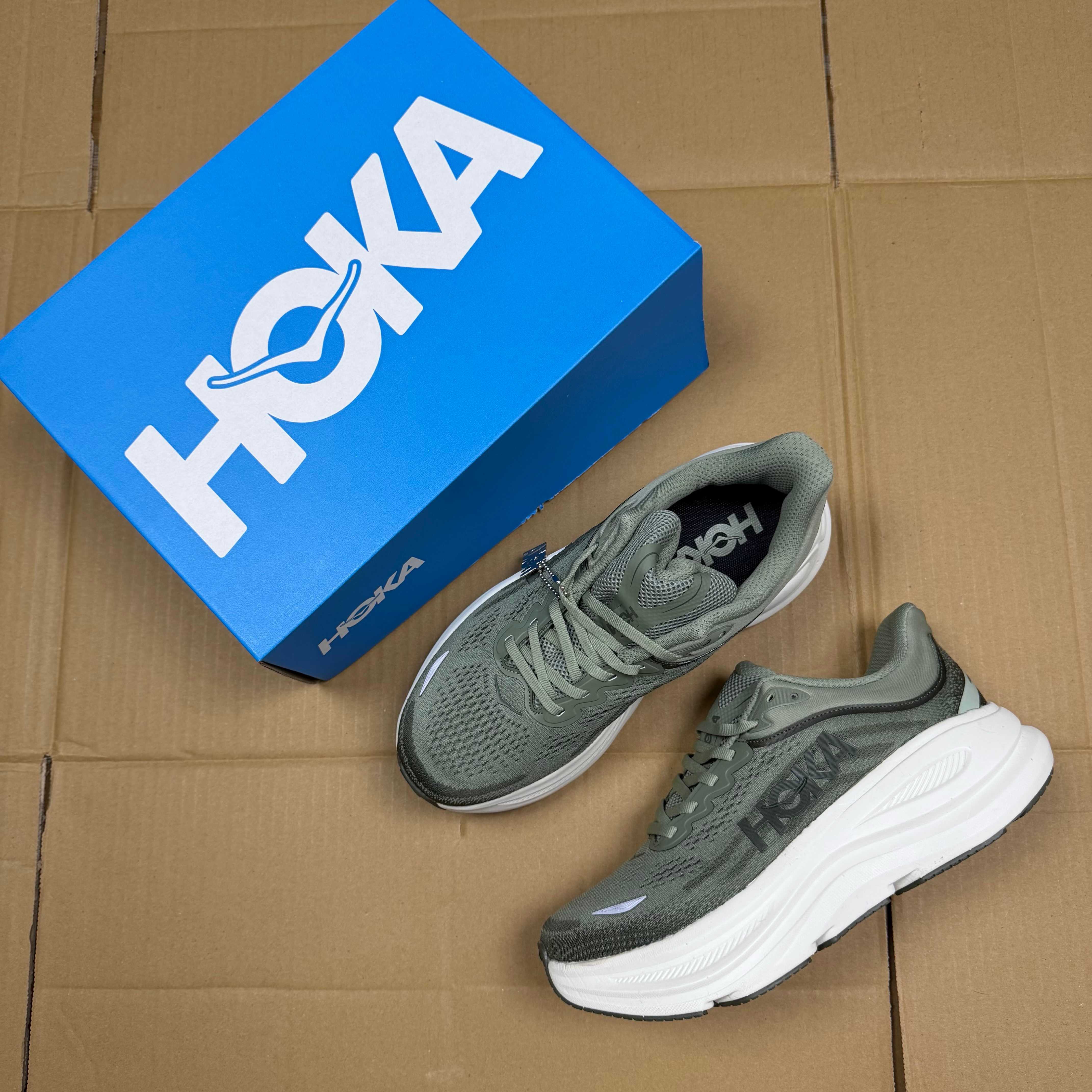 HOKA Bondi 9 Olive Green White Black Running Shoe Running Sneakers BS-86912