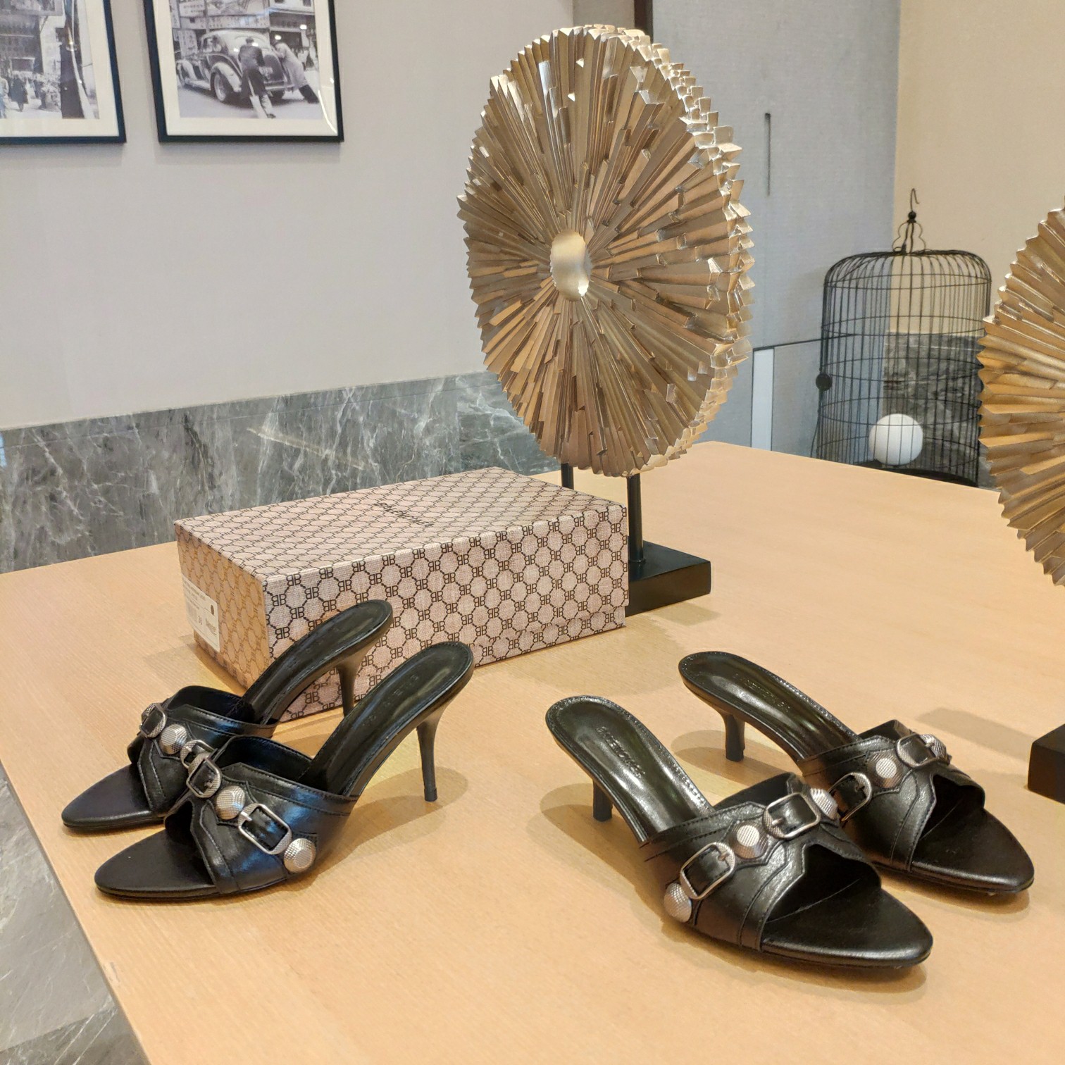 Balenciaga Cagole Heeled Mule Black Silver Sandal BS-87473