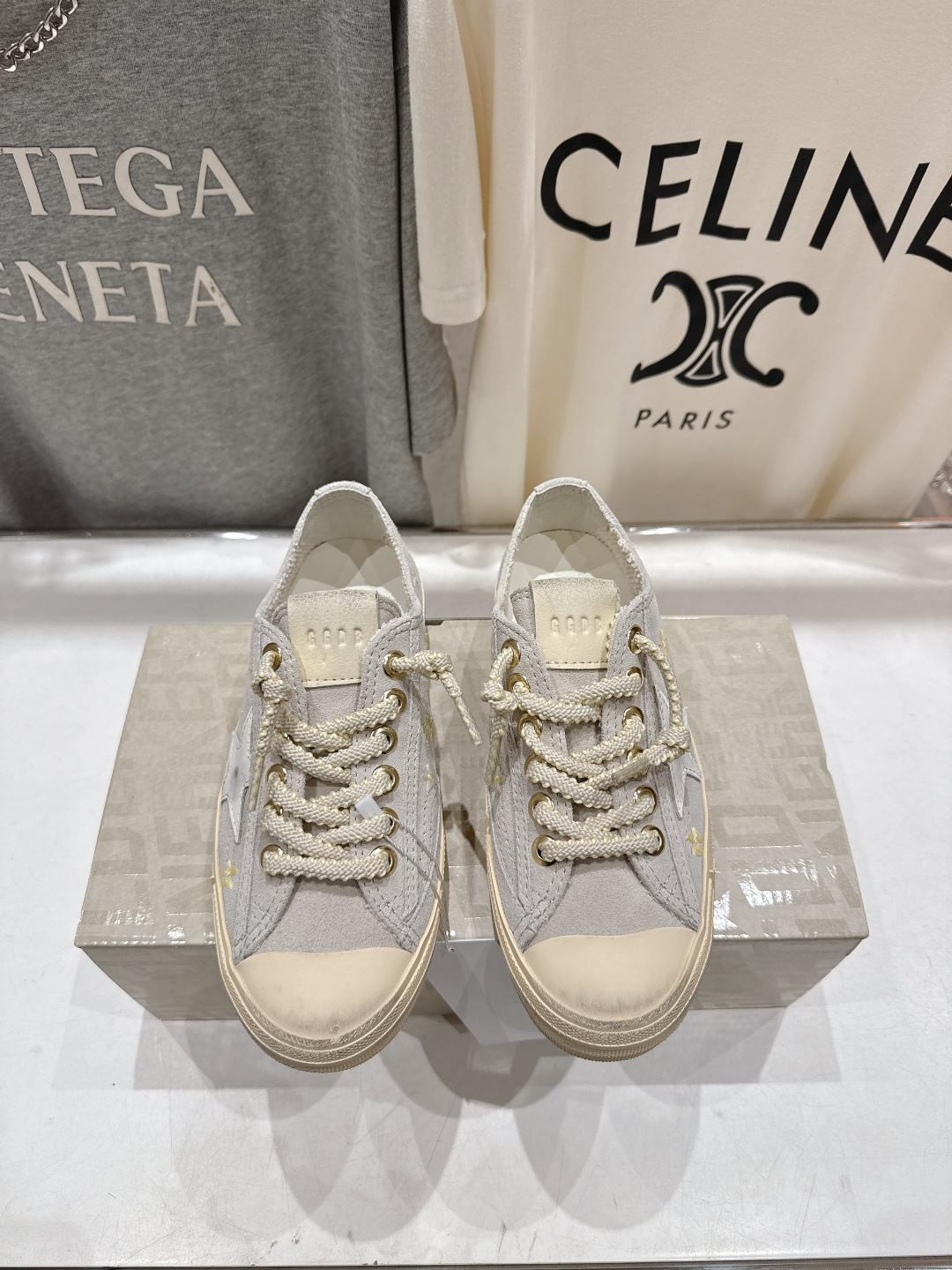 Golden Goose V Star Light Gray Cream Yellow White Skate Shoe BS-87496