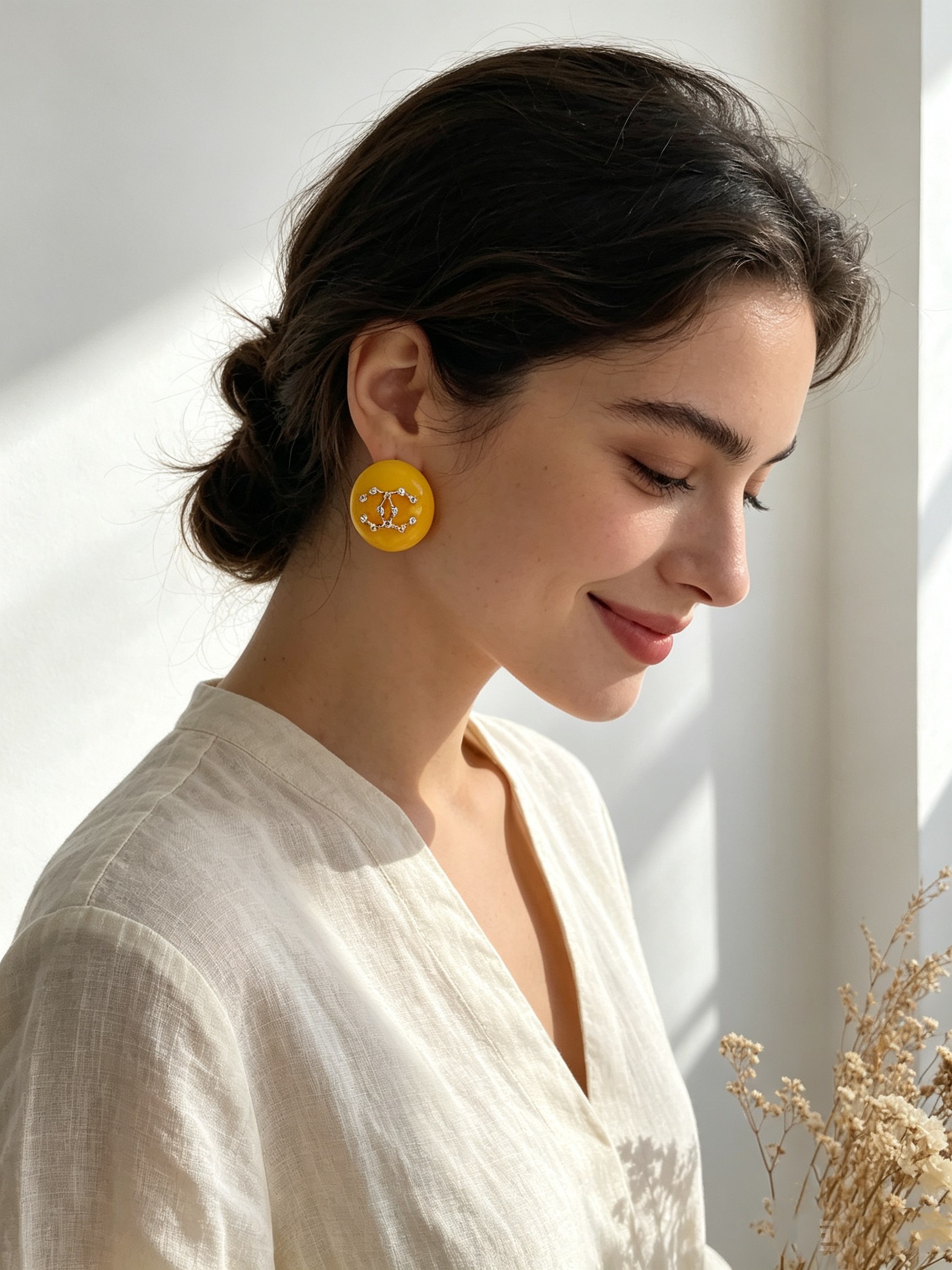 Chanel CC Logo Round Resin Stud Earrings earrings Yellow resin base gold-tone metal interlocking CC logo clear crystal accents 3cm diameter