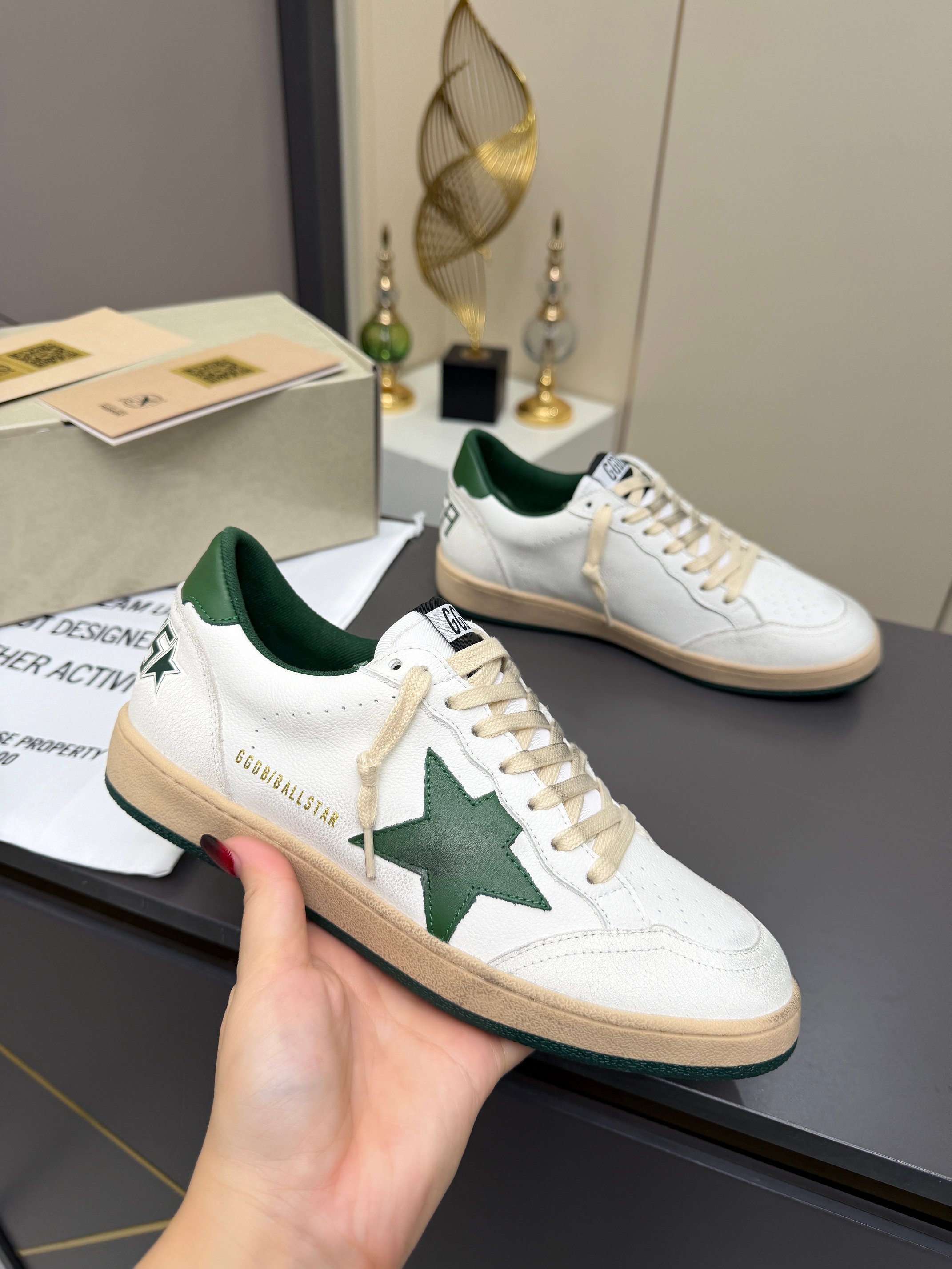 Golden Goose Ball Star White Green Beige Skate Shoe BS-87356