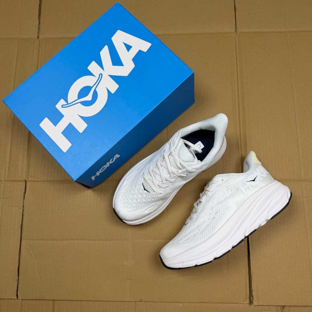 HOKA ONE ONE Clifton 9 White Black Pale Yellow Running Shoe Running Sneakers BS-86872